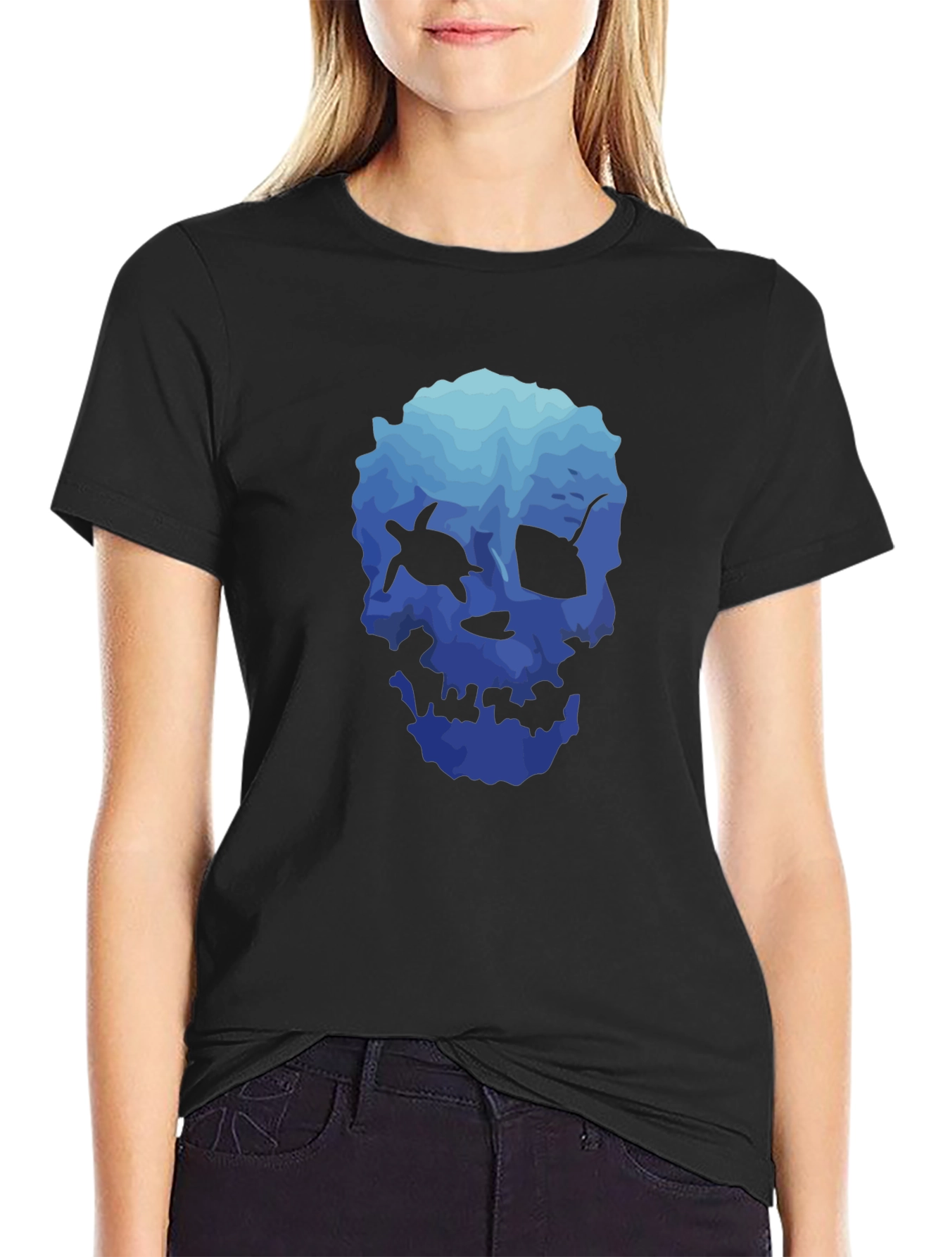 Ocean Skull Graphic Tee - Soft Black T-Shirt