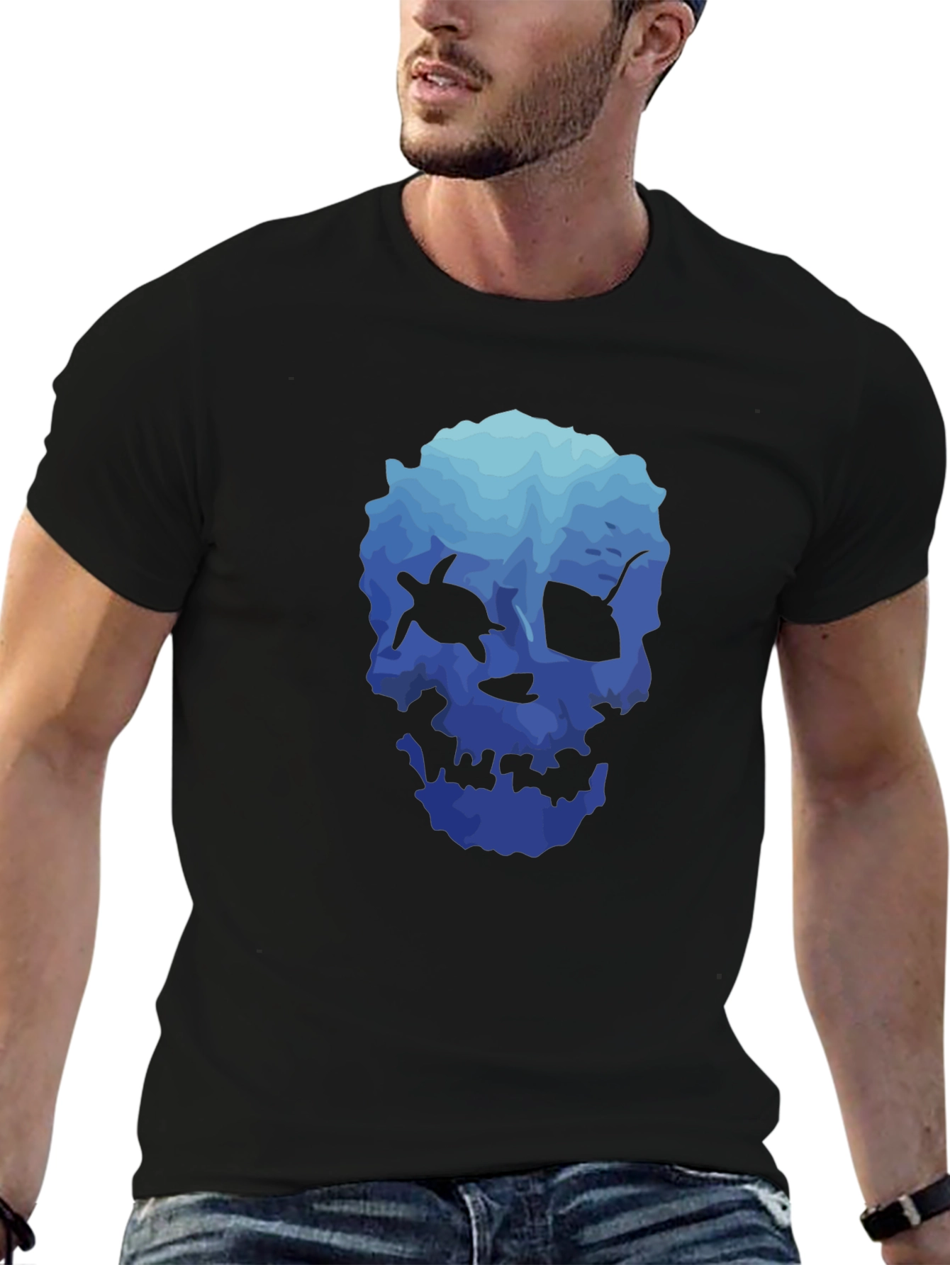 Ocean Skull Graphic Tee - Soft Black T-Shirt