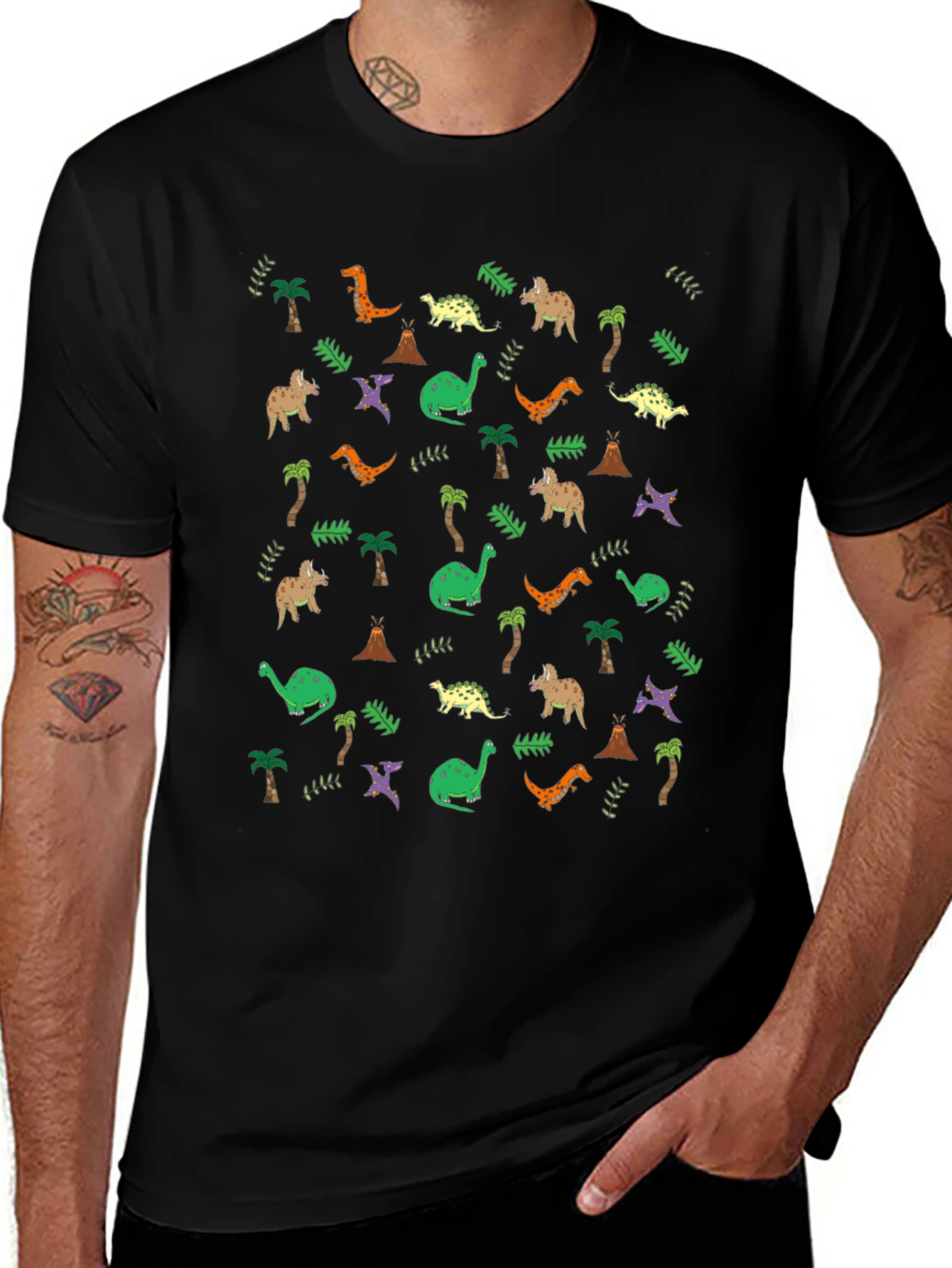 Dinosaur Print Black Crew Neck T-Shirt