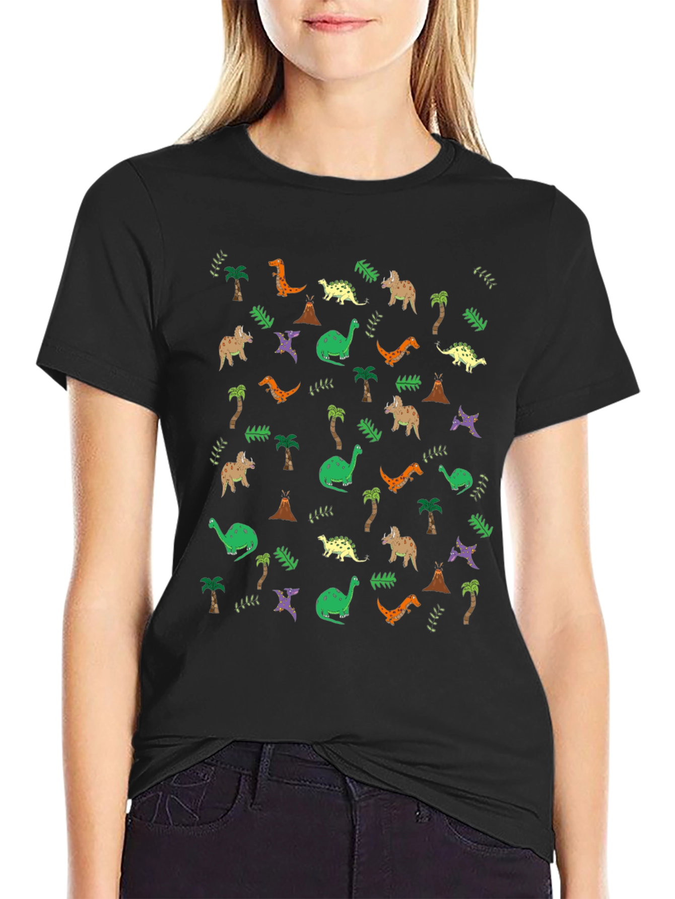 Dinosaur Print Black Crew Neck T-Shirt