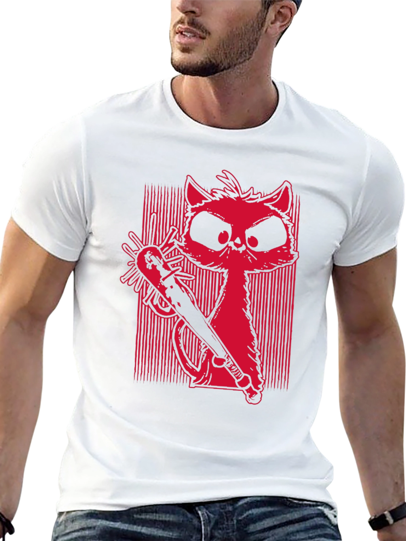 Mens Graphic Tee - Cat with Baseball Bat