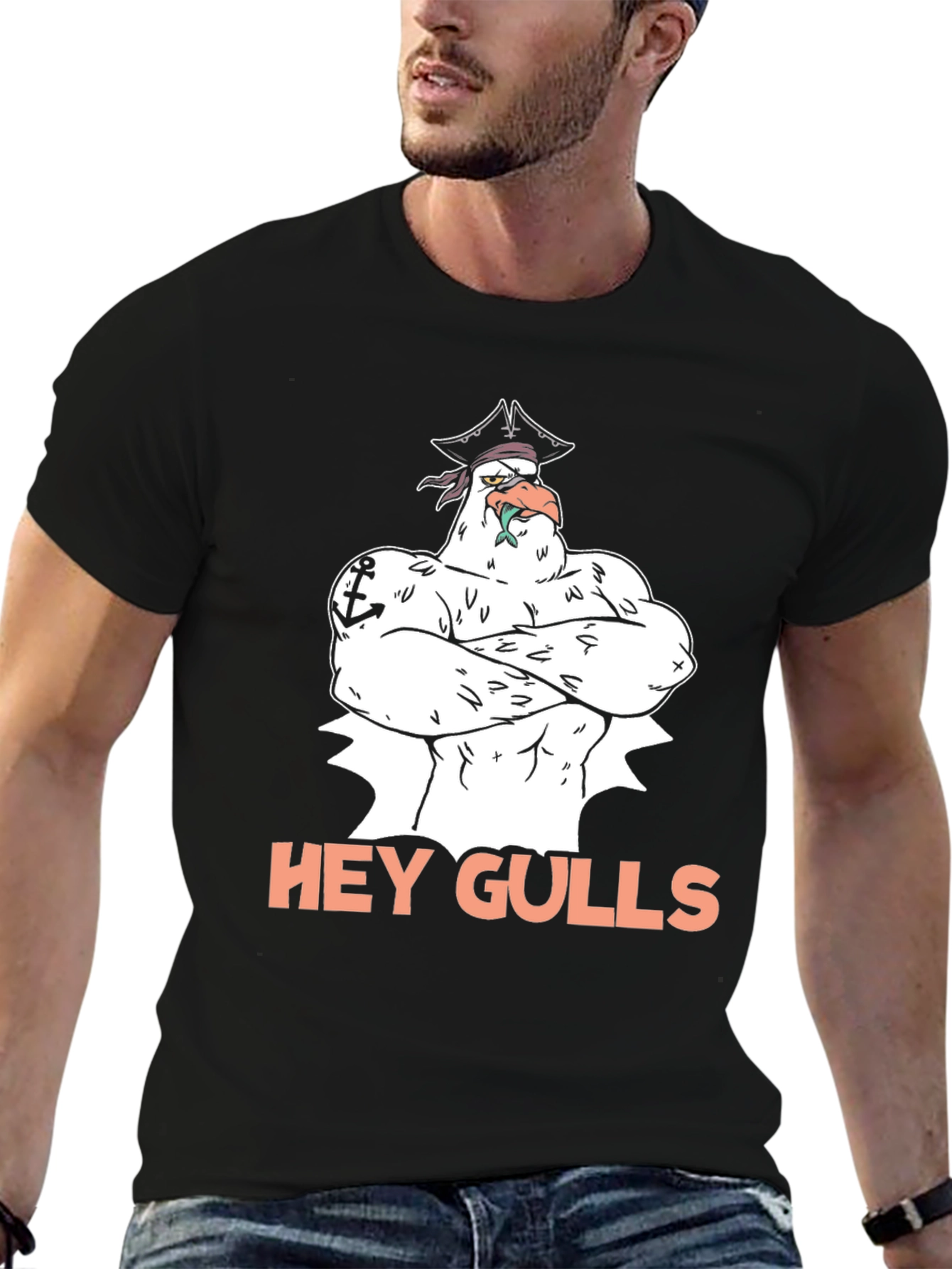 Hey Gulls! Pirate Seagull Black Graphic Tee