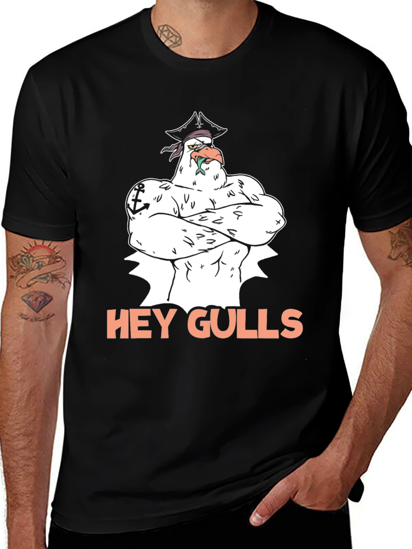 Hey Gulls! Pirate Seagull Black Graphic Tee