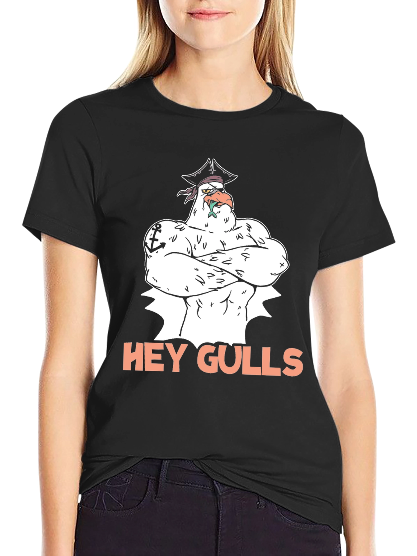 Hey Gulls! Pirate Seagull Black Graphic Tee