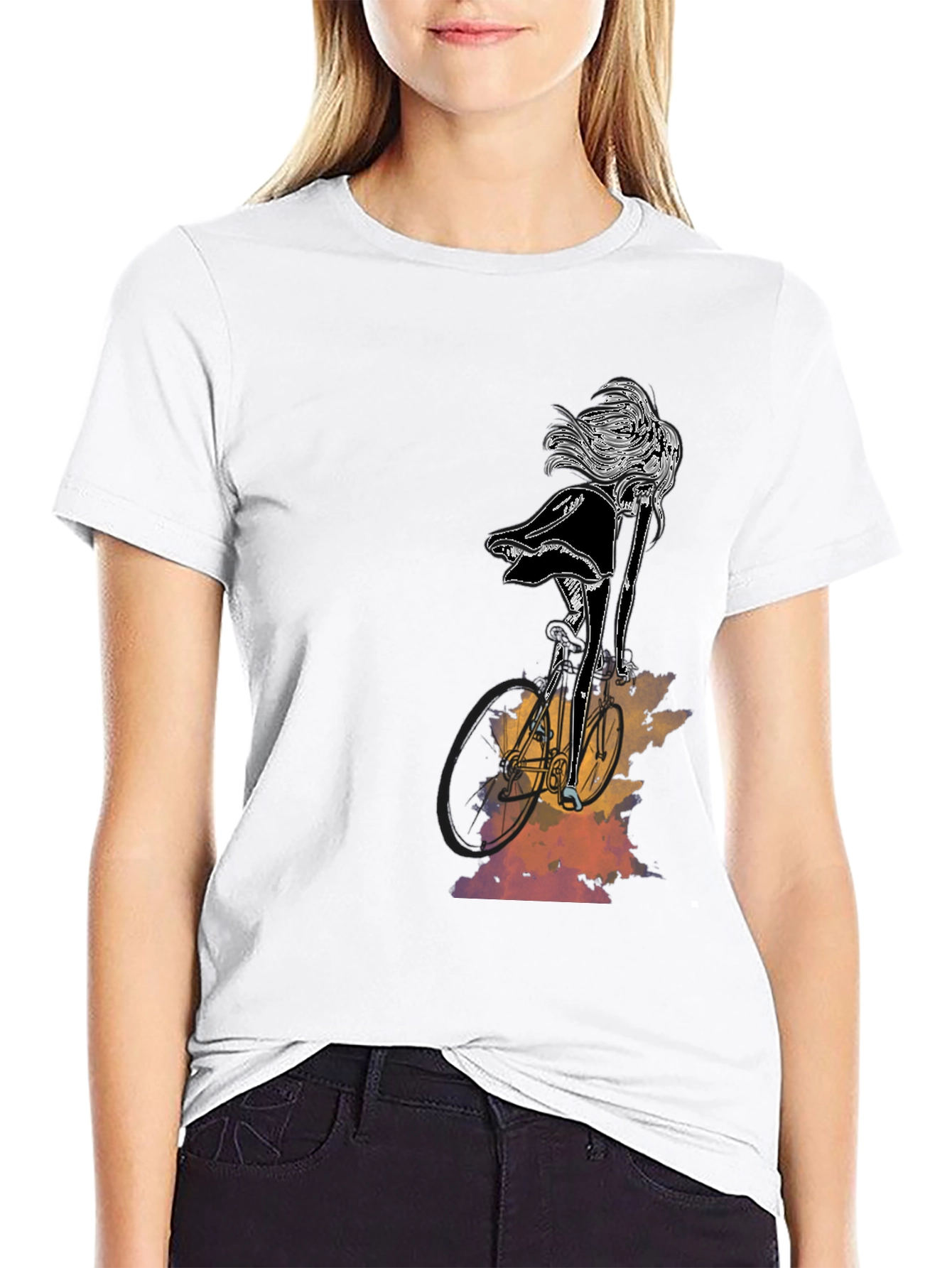 Stylish Black Graphic Tee - Woman on Bike