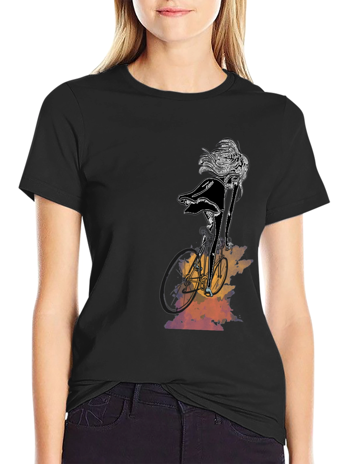Stylish Black Graphic Tee - Woman on Bike