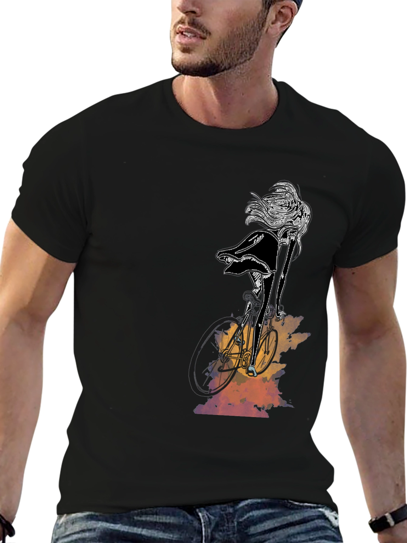 Stylish Black Graphic Tee - Woman on Bike