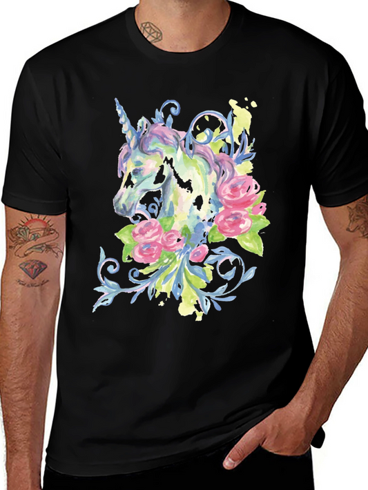 Unicorn Floral Watercolor Graphic Tee - Black Cotton Shirt