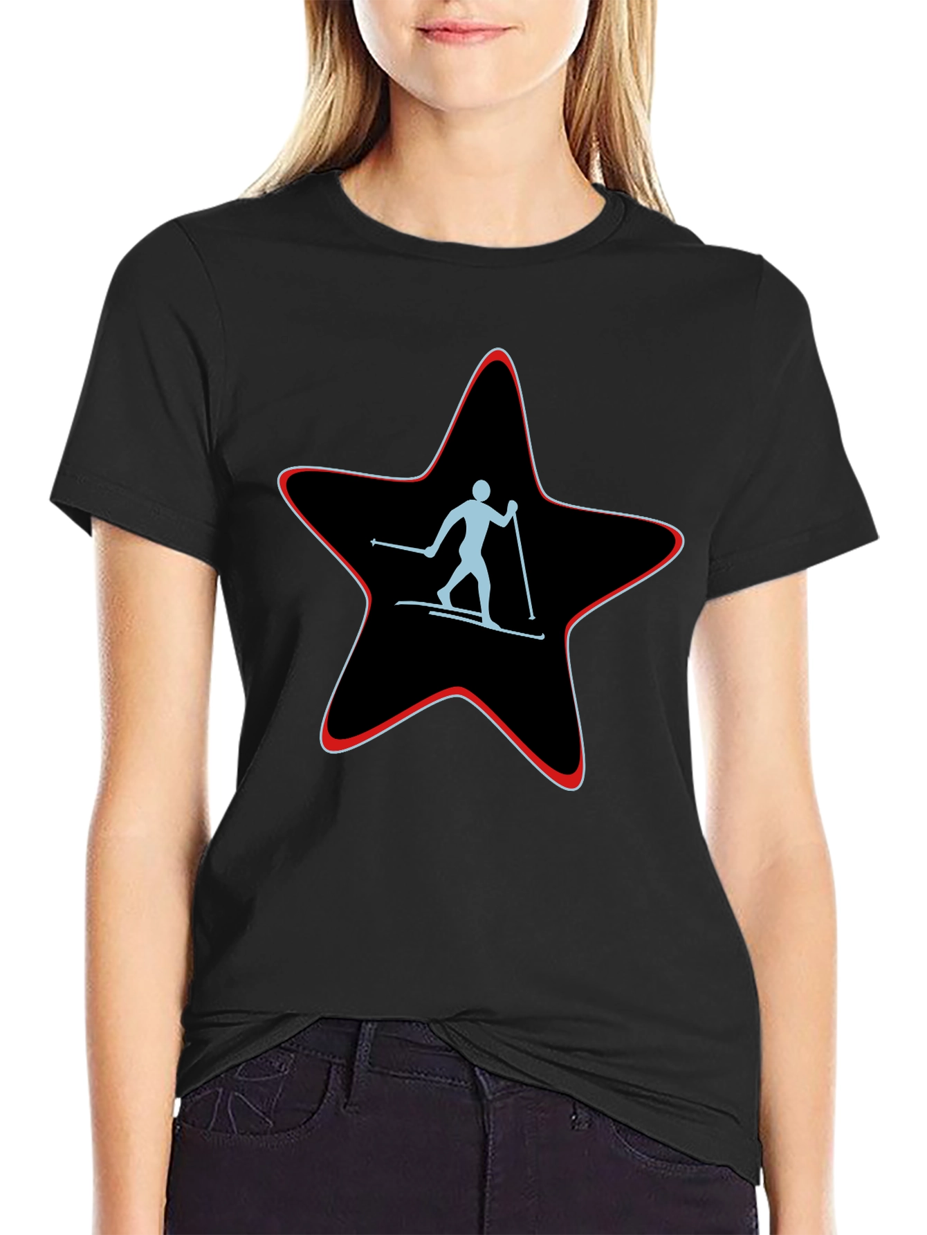 Skiing Star Graphic Tee - Black Cotton T-Shirt