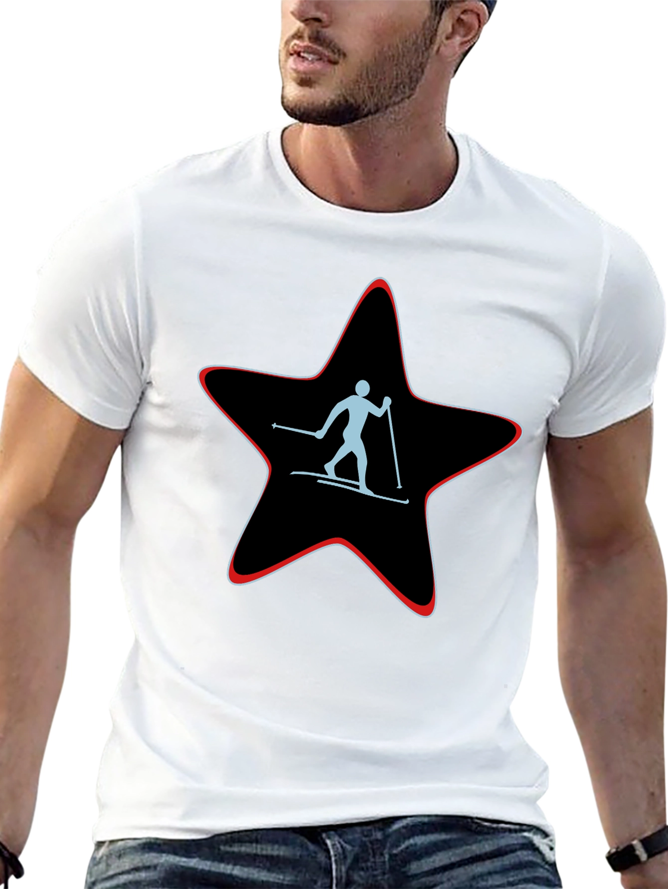 Skiing Star Graphic Tee - Black Cotton T-Shirt