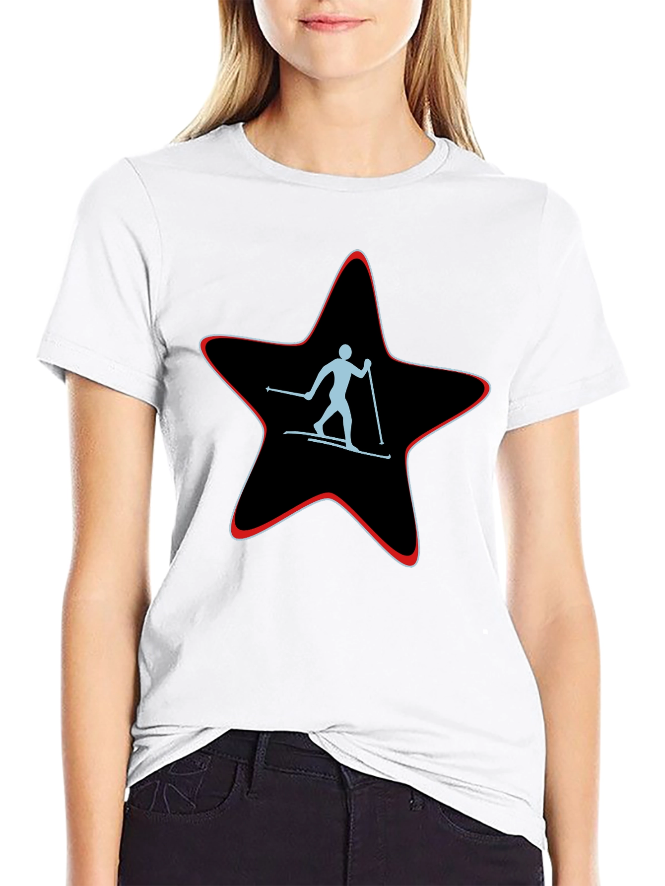 Skiing Star Graphic Tee - Black Cotton T-Shirt
