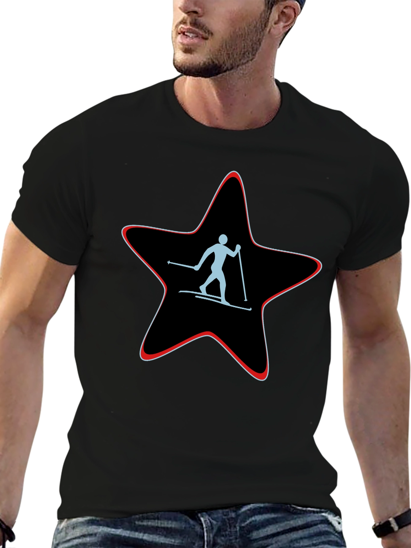 Skiing Star Graphic Tee - Black Cotton T-Shirt