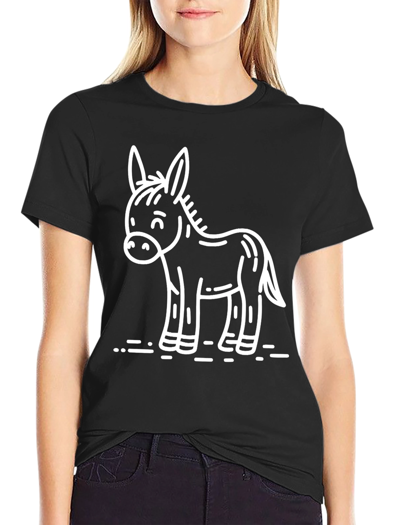Cute Donkey Graphic Tee - Black Cotton T-Shirt