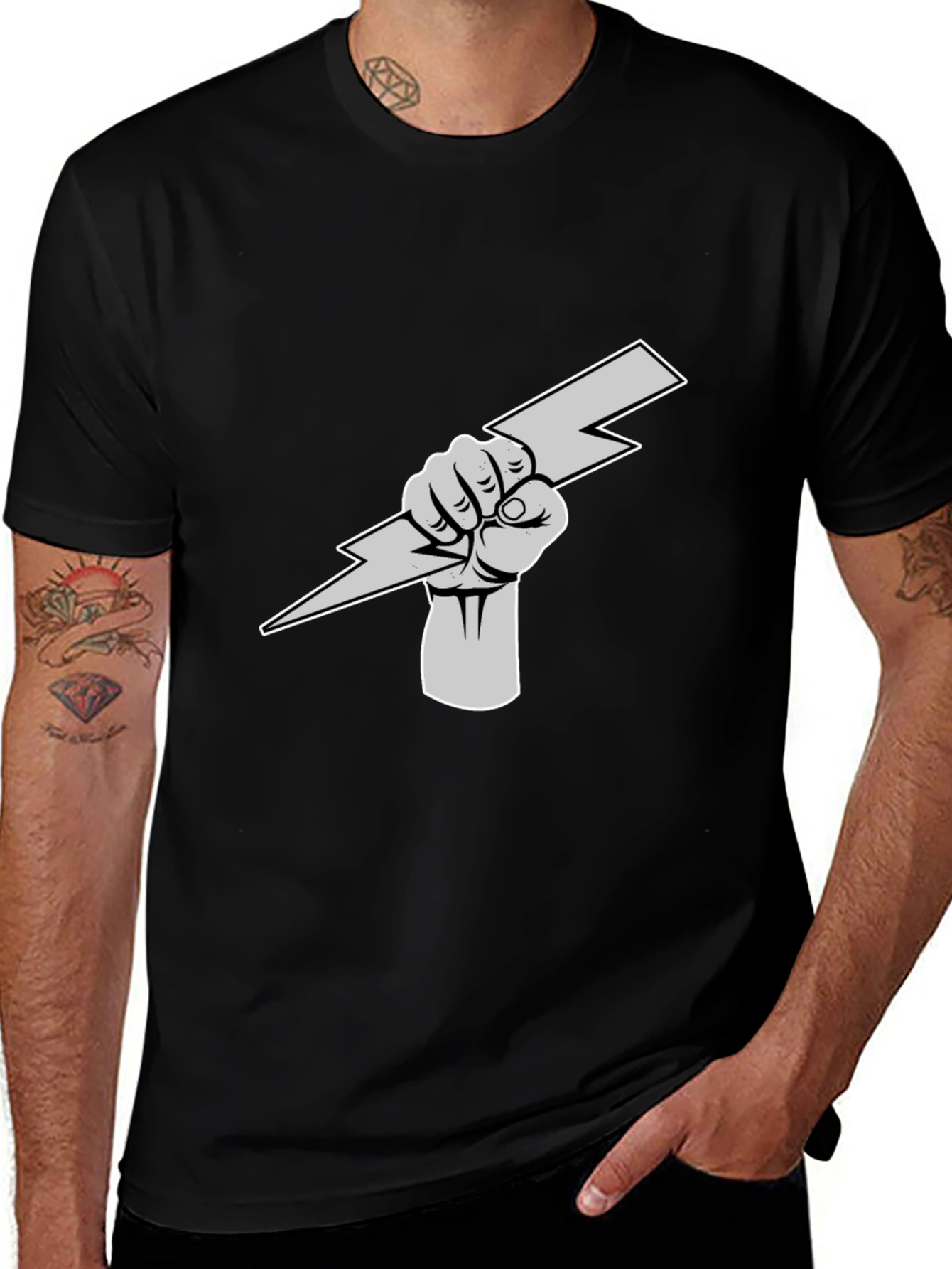 Lightning Bolt Fist Graphic Tee - Black Cotton Shirt