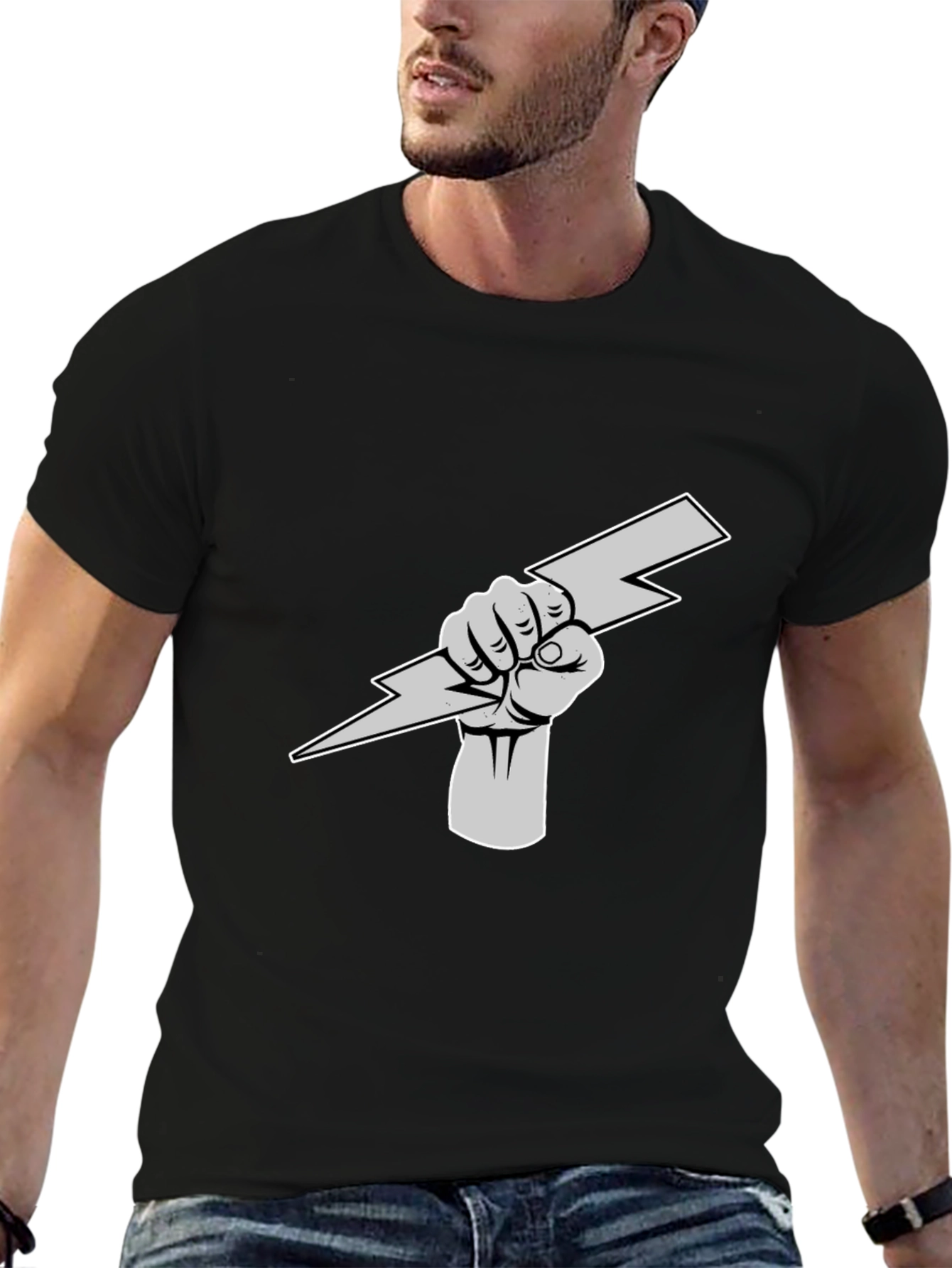 Lightning Bolt Fist Graphic Tee - Black Cotton Shirt