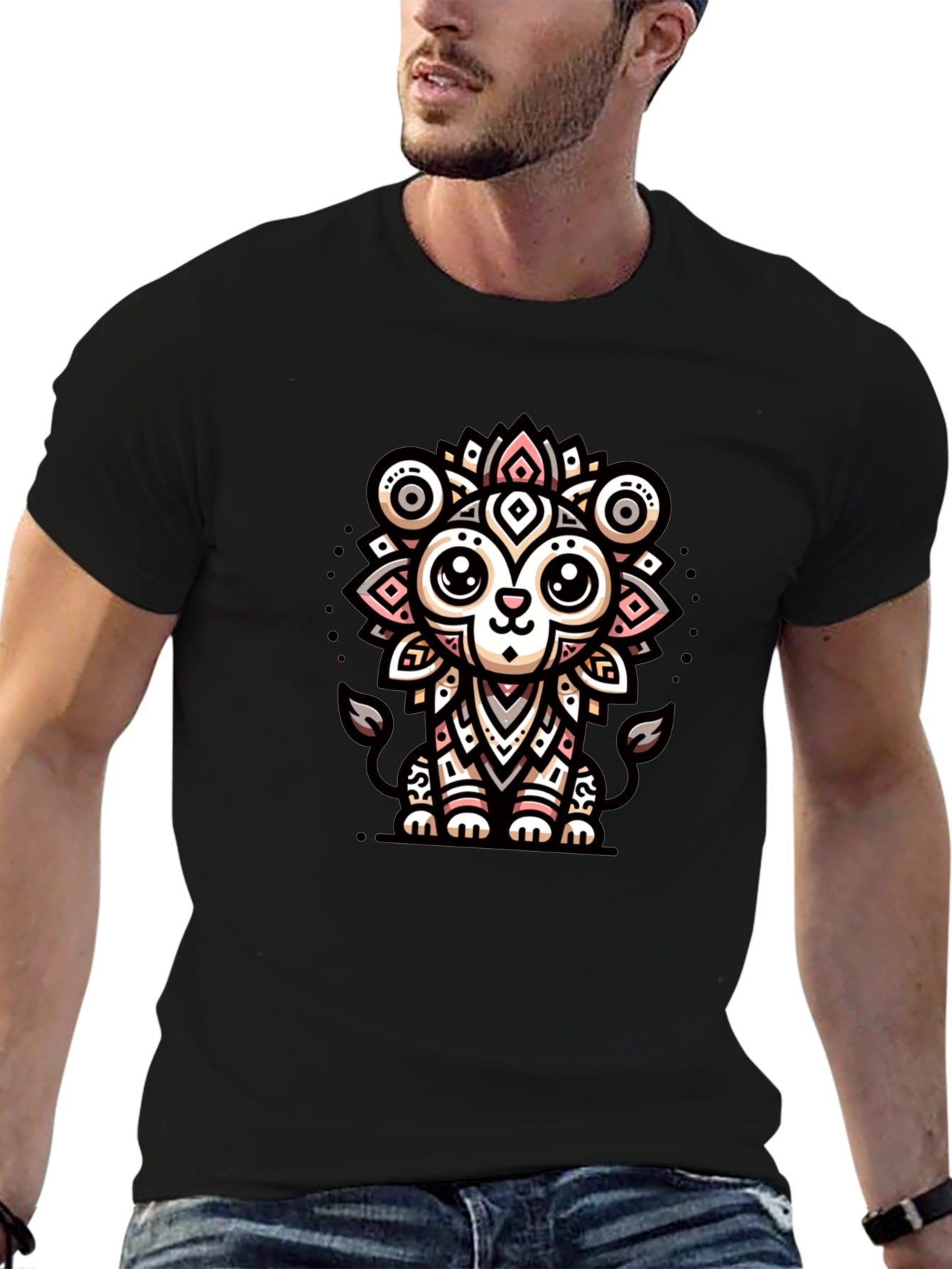 Cute Cartoon Lion Graphic Tee - Black Unisex Shirt