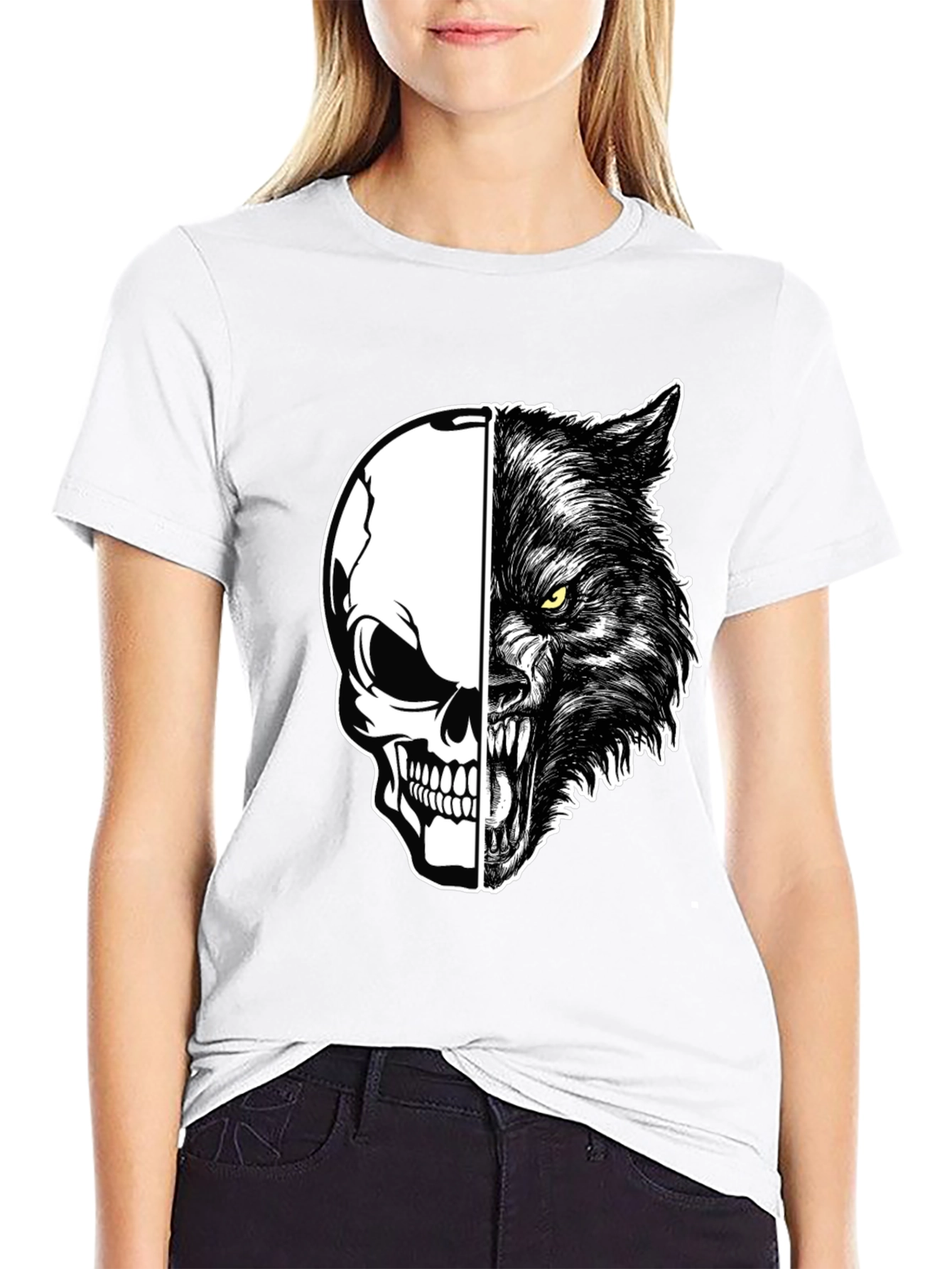 Skull Wolf Graphic Print Mens Black T-Shirt