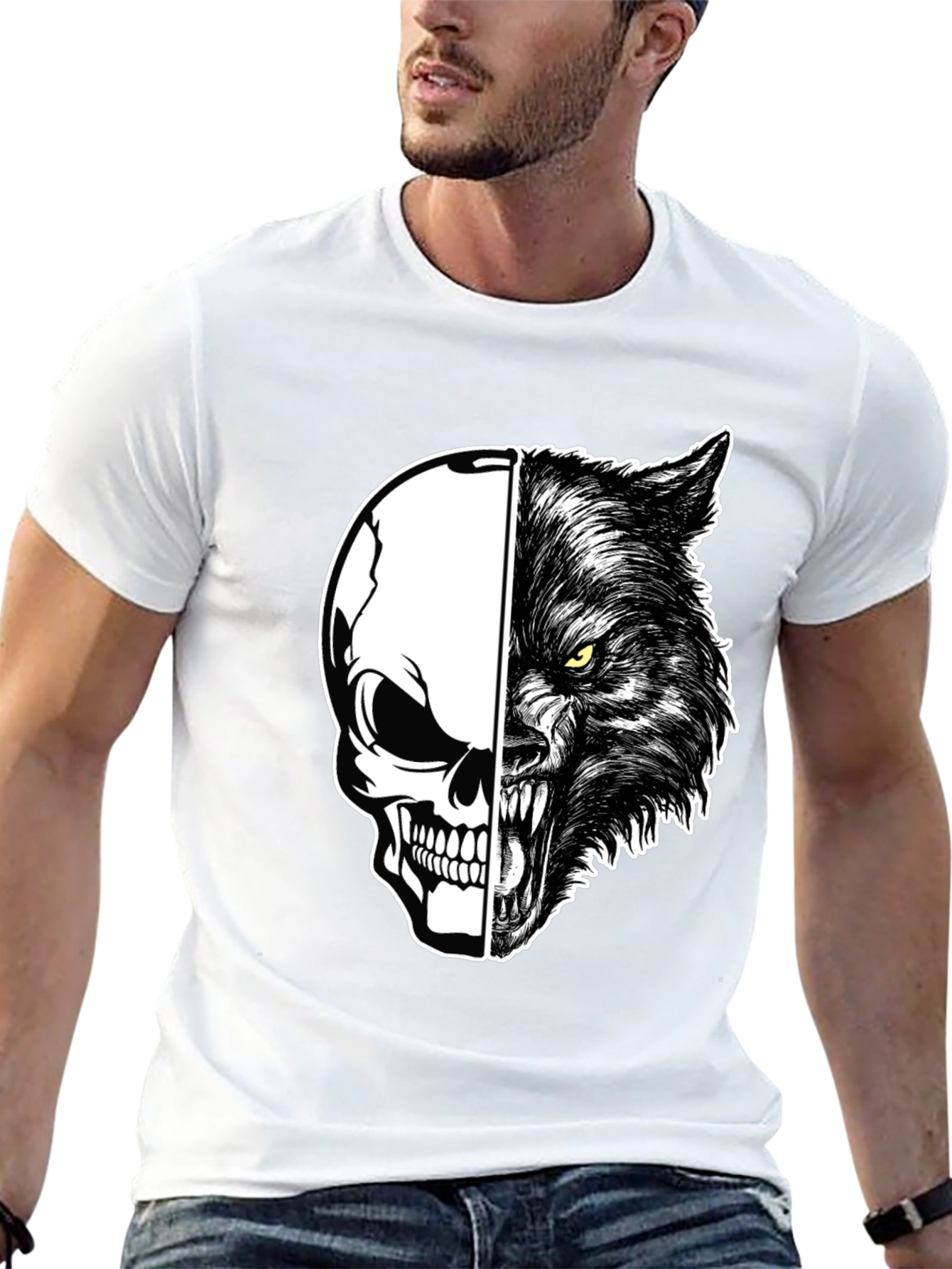 Skull Wolf Graphic Print Mens Black T-Shirt
