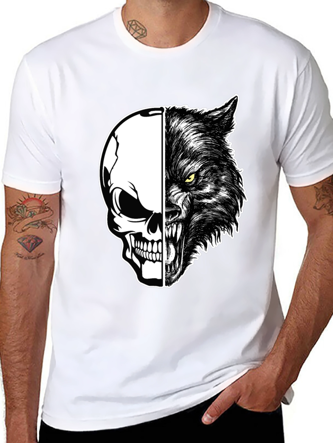 Skull Wolf Graphic Print Mens Black T-Shirt