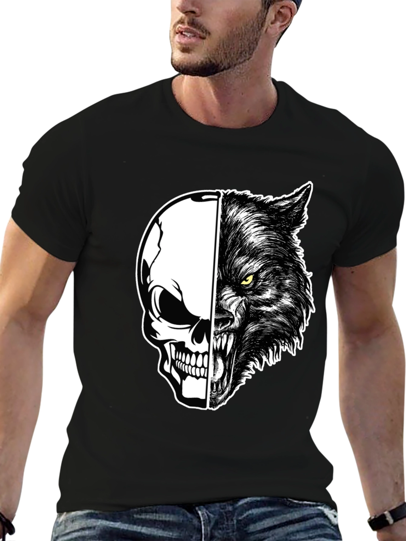 Skull Wolf Graphic Print Mens Black T-Shirt