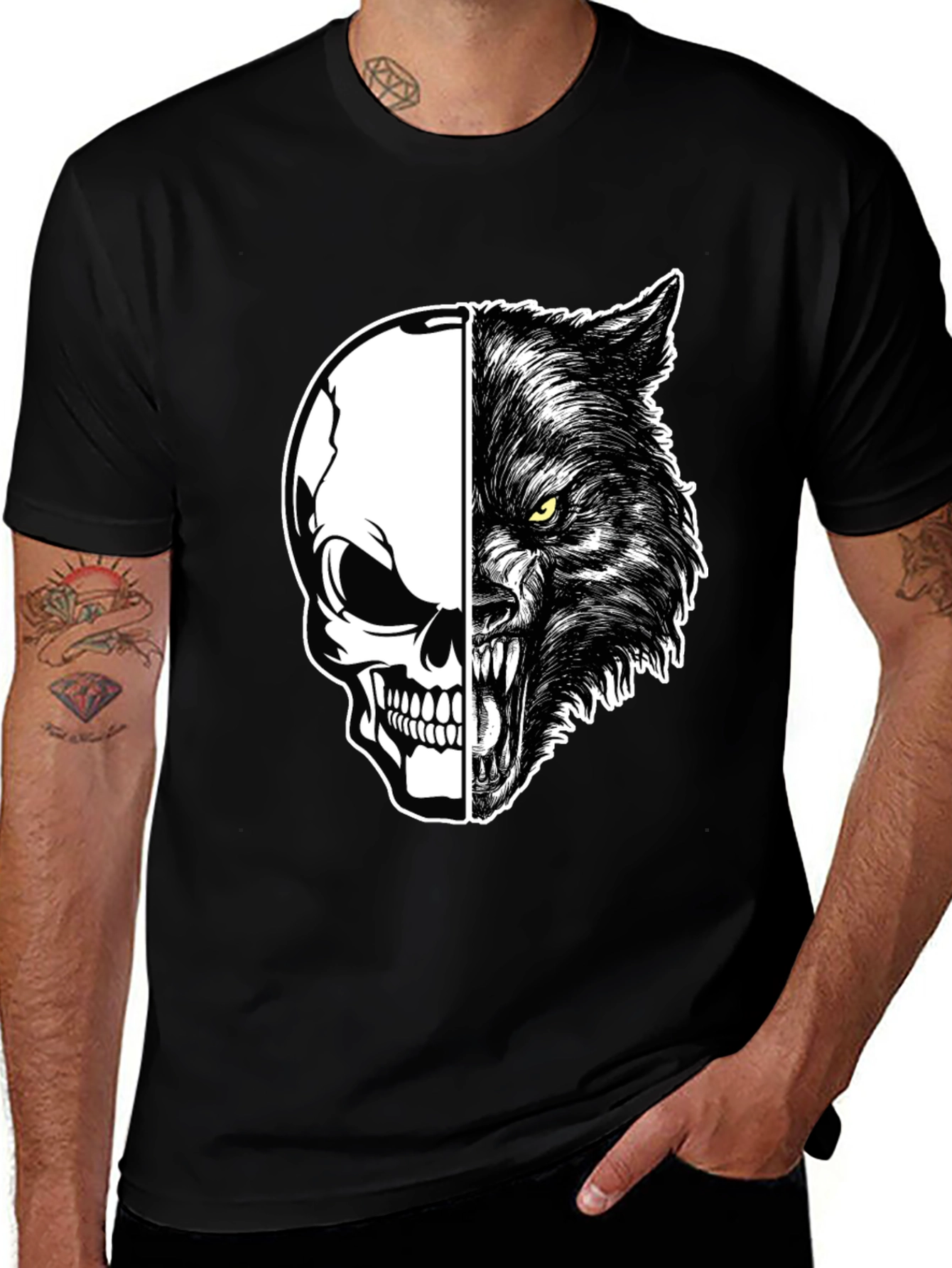 Skull Wolf Graphic Print Mens Black T-Shirt