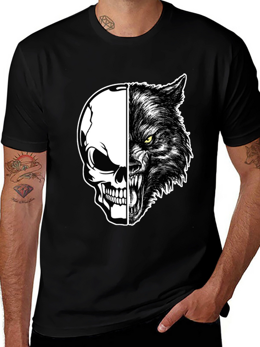 Skull Wolf Graphic Print Mens Black T-Shirt
