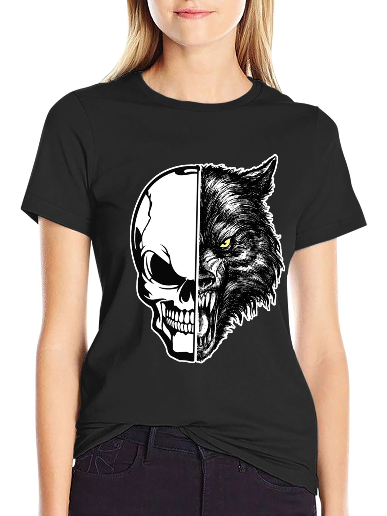 Skull Wolf Graphic Print Mens Black T-Shirt