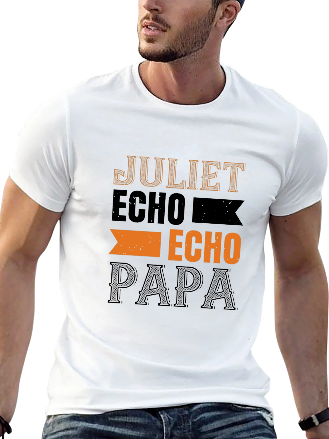 Mens Black T-Shirt with Juliet Echo Papa Design