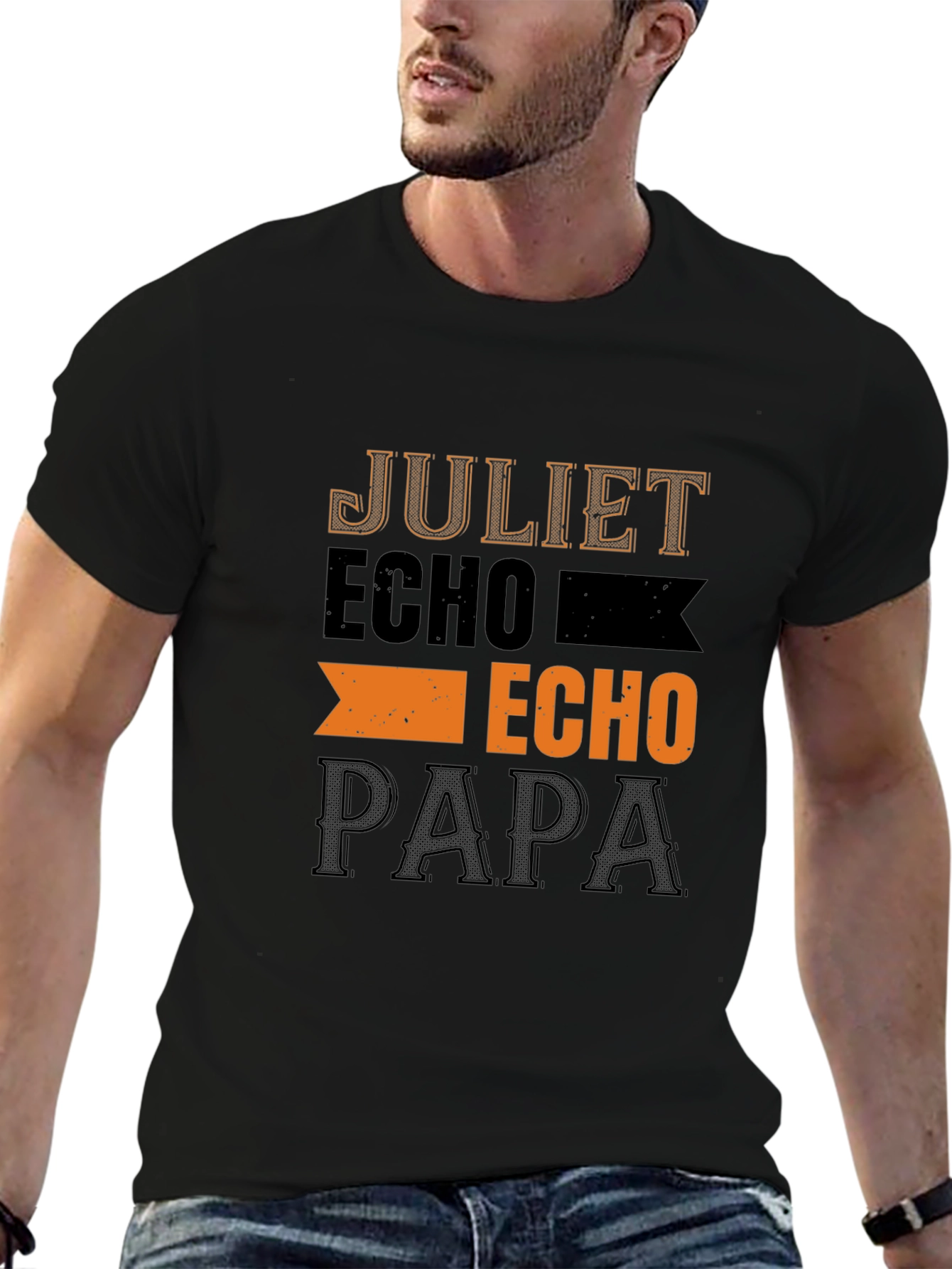 Mens Black T-Shirt with Juliet Echo Papa Design