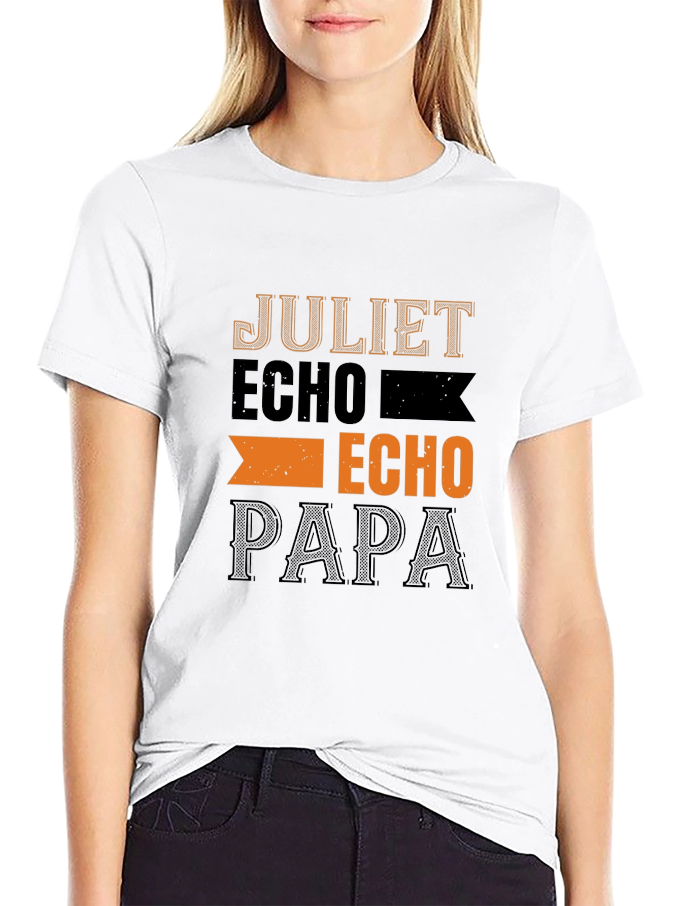 Mens Black T-Shirt with Juliet Echo Papa Design