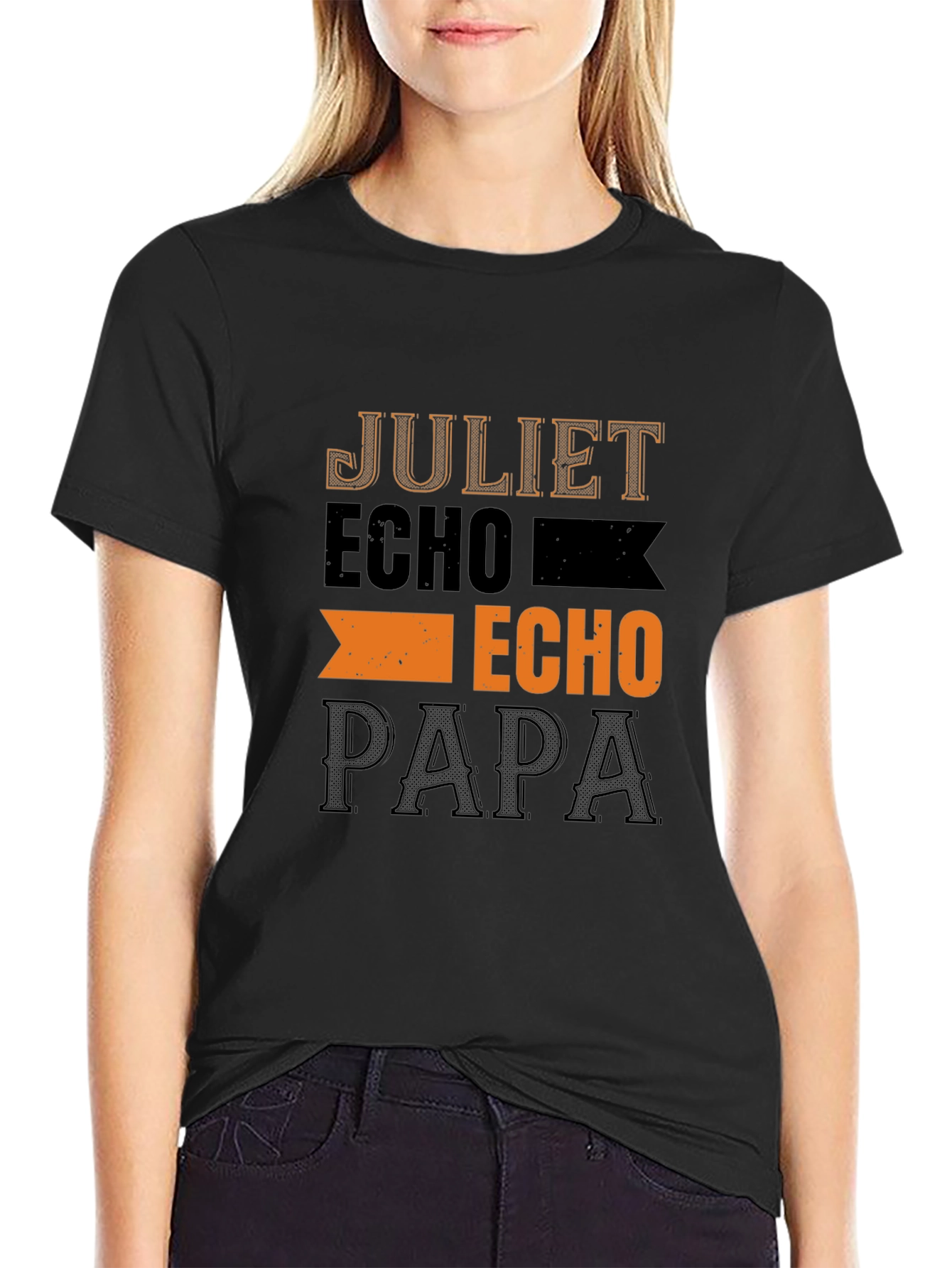 Mens Black T-Shirt with Juliet Echo Papa Design