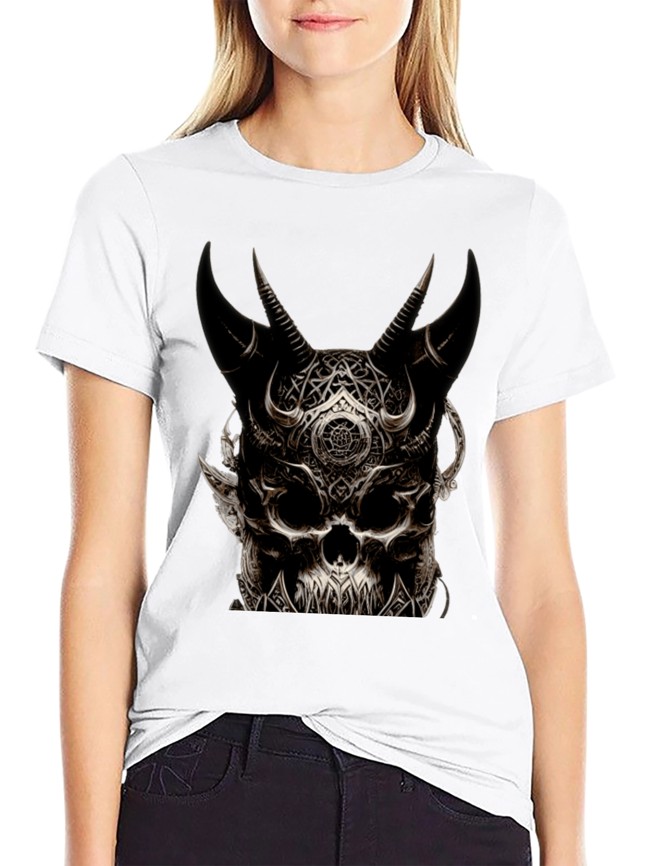 Mens Black Skull Horn T-Shirt