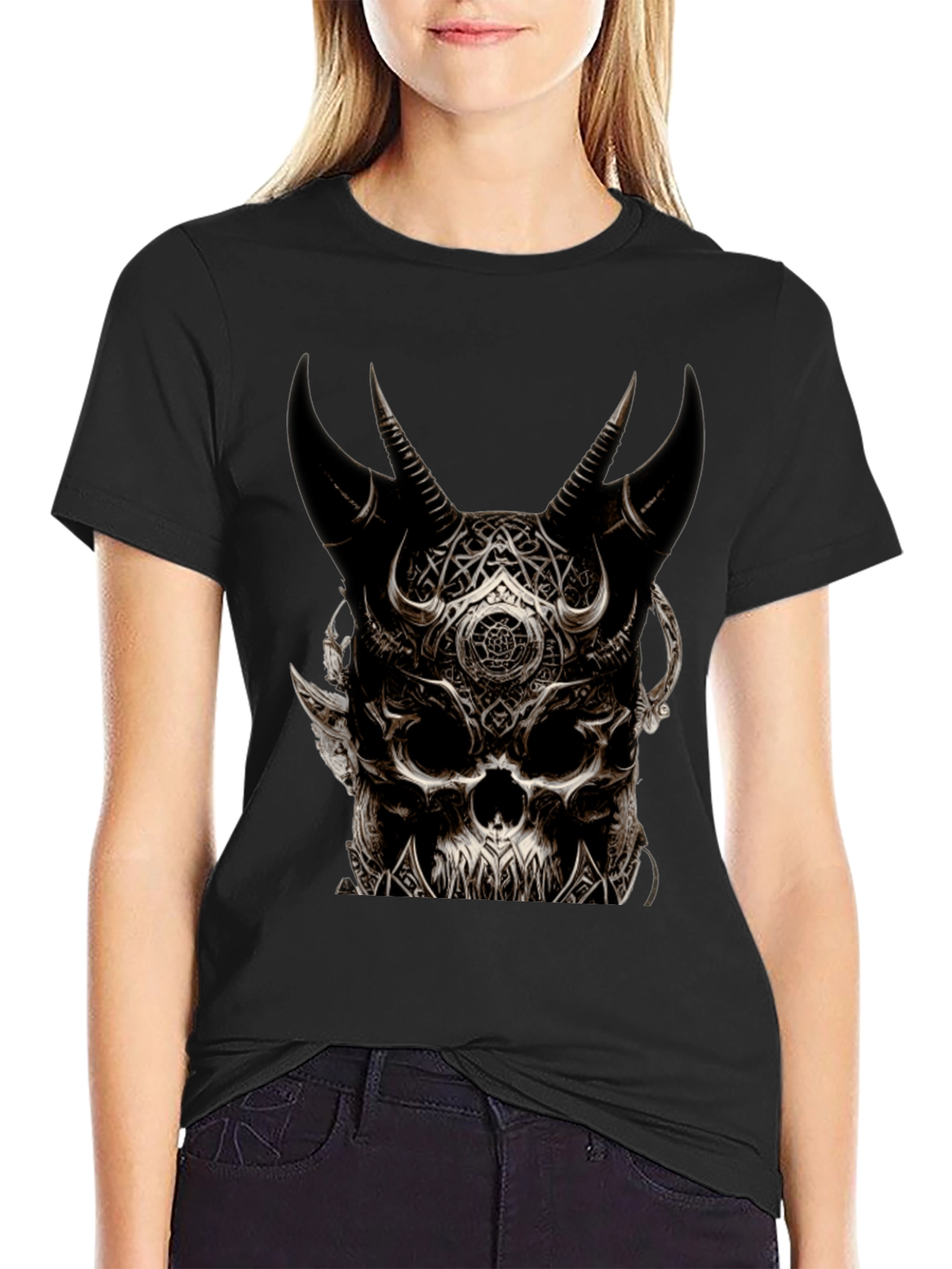 Mens Black Skull Horn T-Shirt