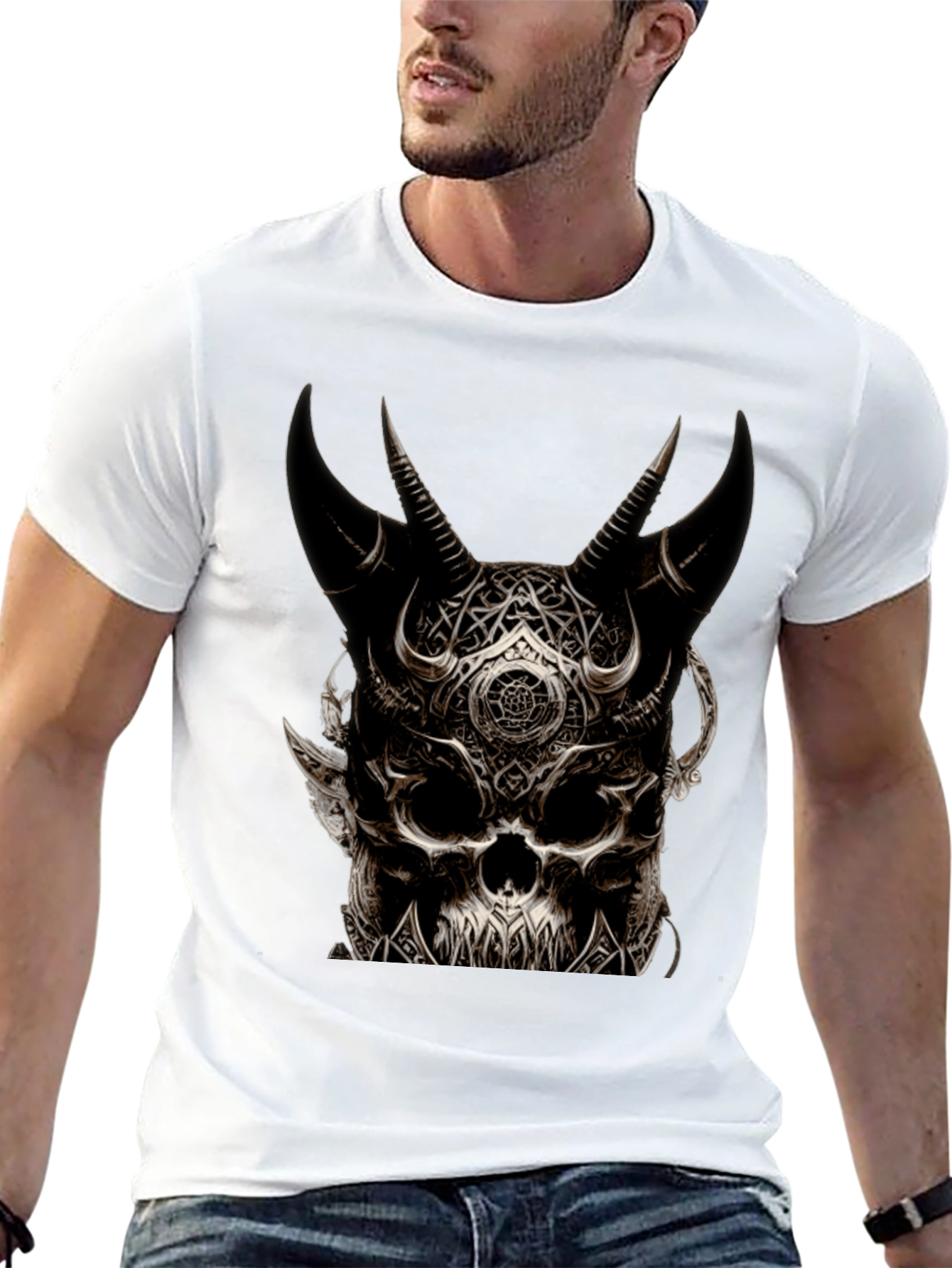 Mens Black Skull Horn T-Shirt