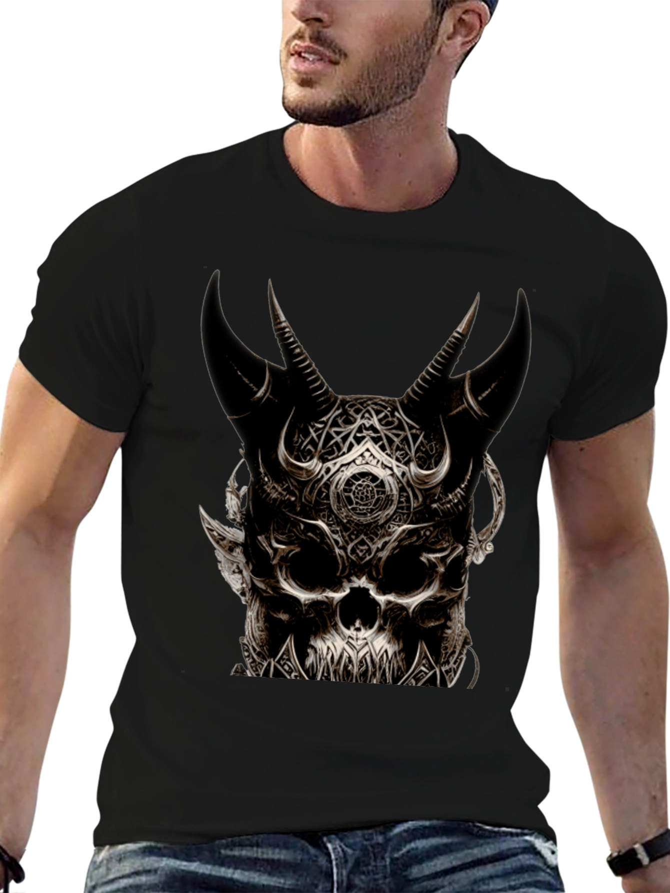 Mens Black Skull Horn T-Shirt