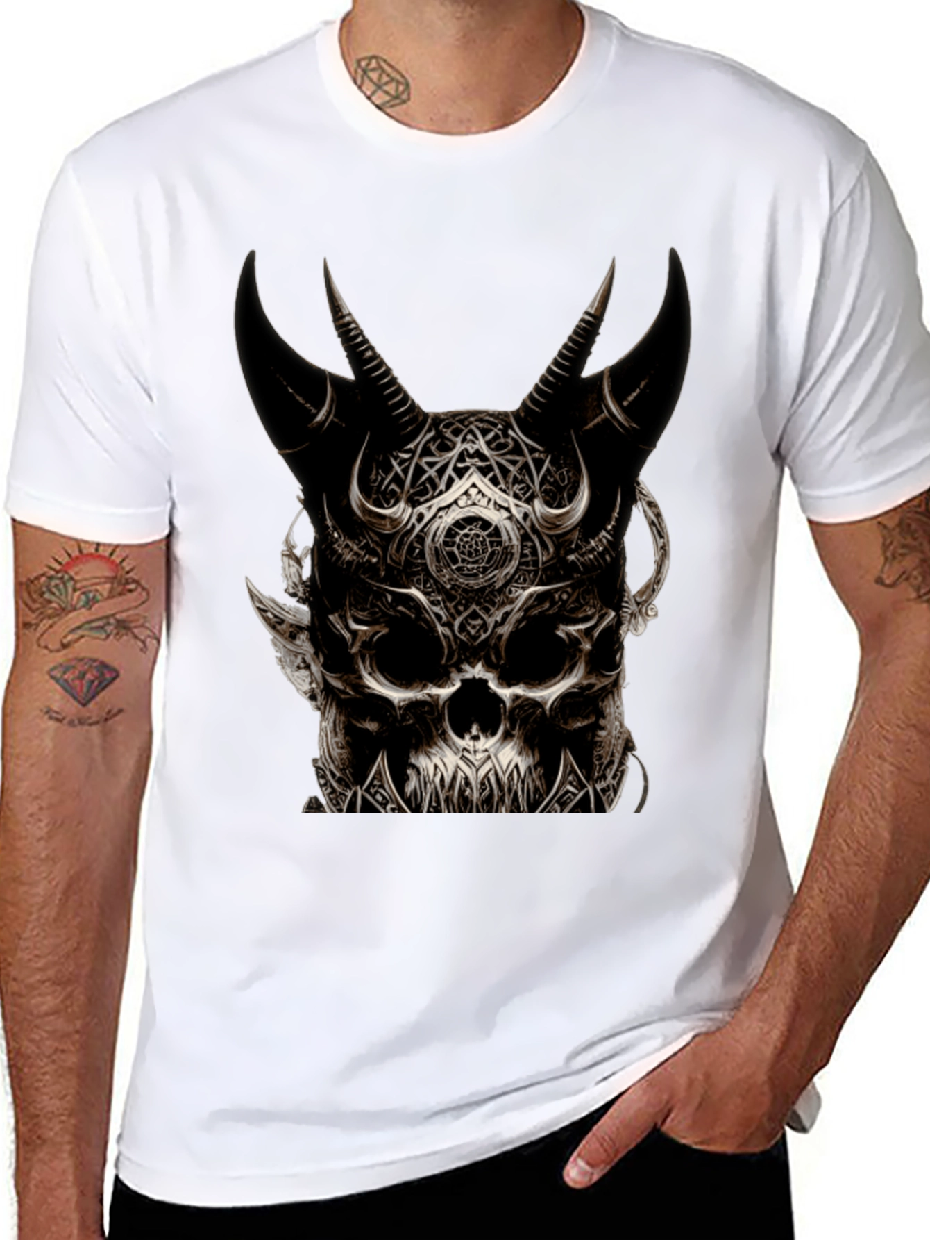 Mens Black Skull Horn T-Shirt