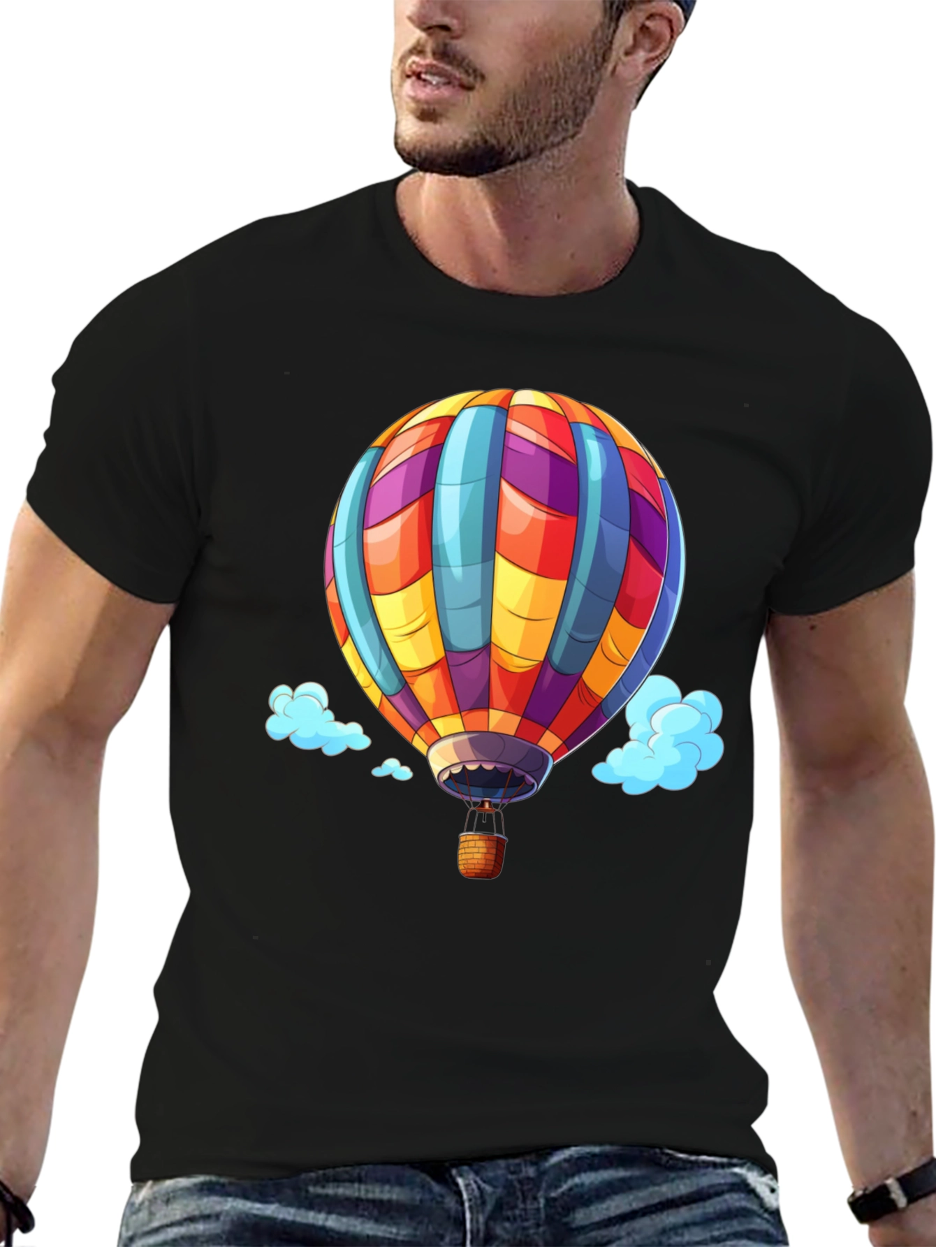 Hot Air Balloon Graphic Tee - Black Cotton T-Shirt