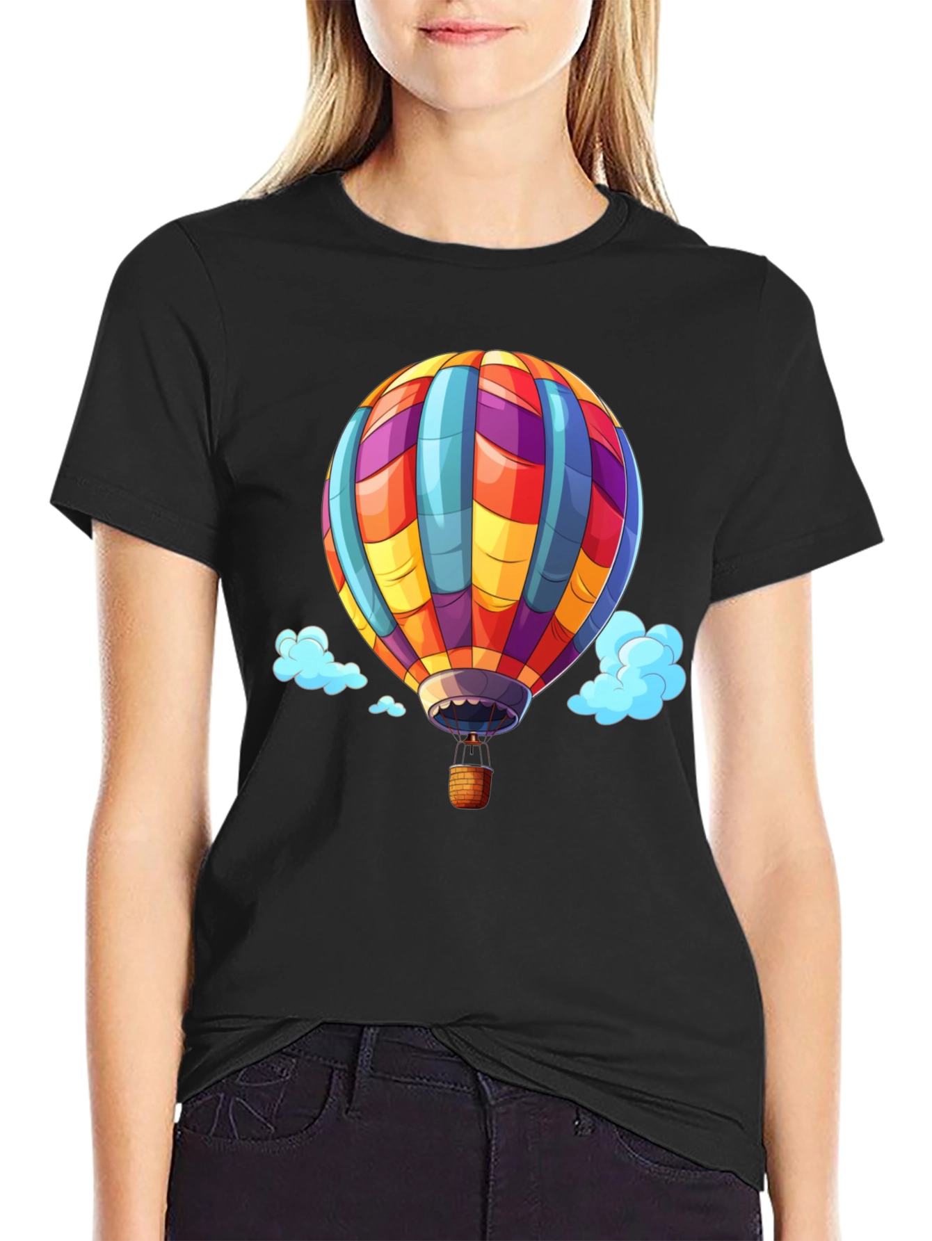 Hot Air Balloon Graphic Tee - Black Cotton T-Shirt
