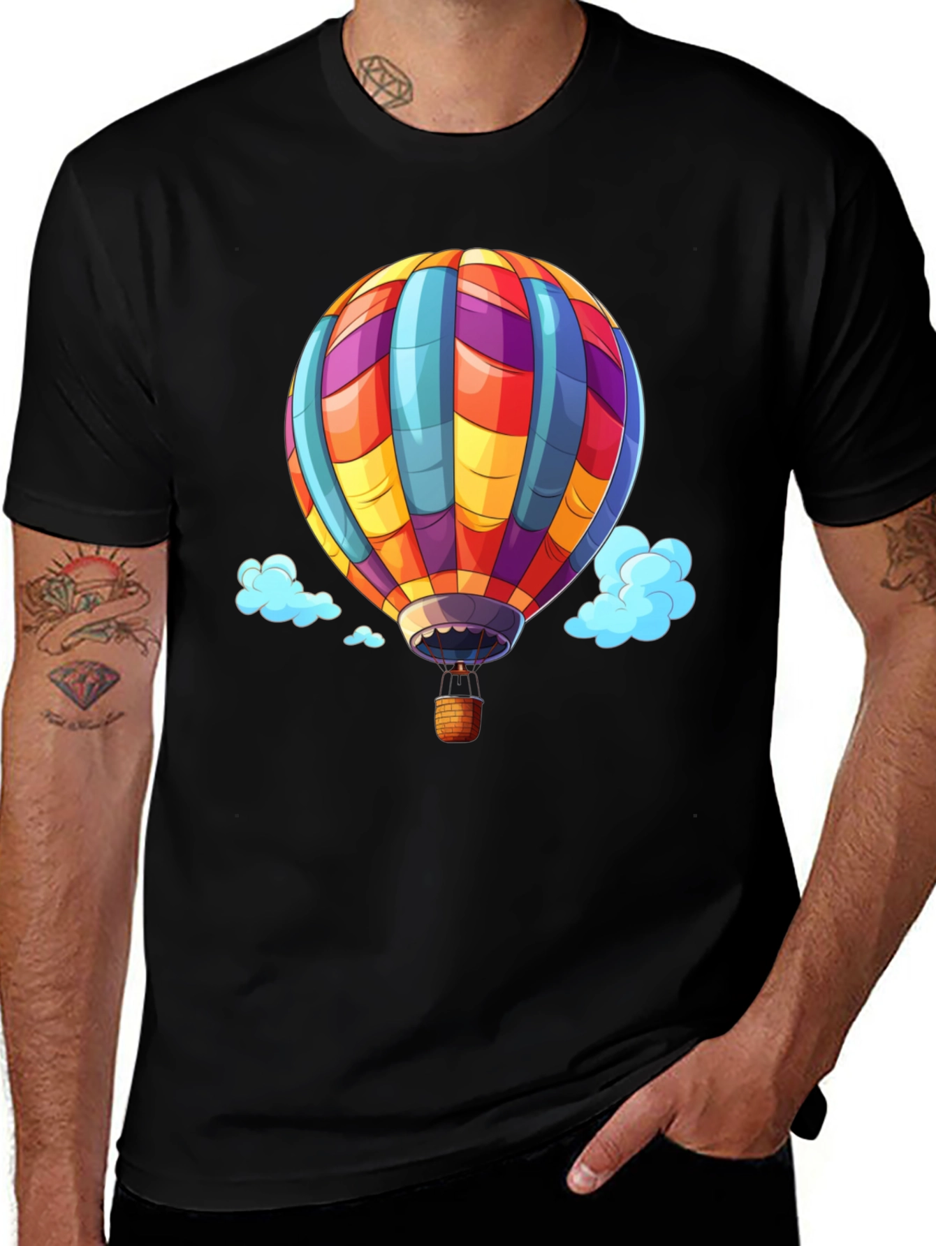 Hot Air Balloon Graphic Tee - Black Cotton T-Shirt