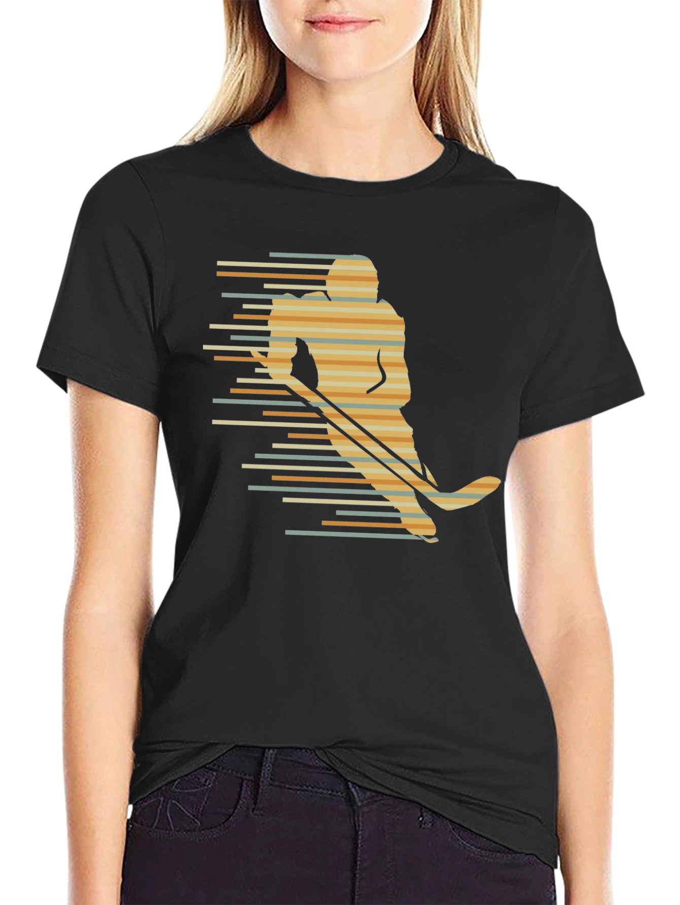Retro Hockey Player Graphic Tee - Black