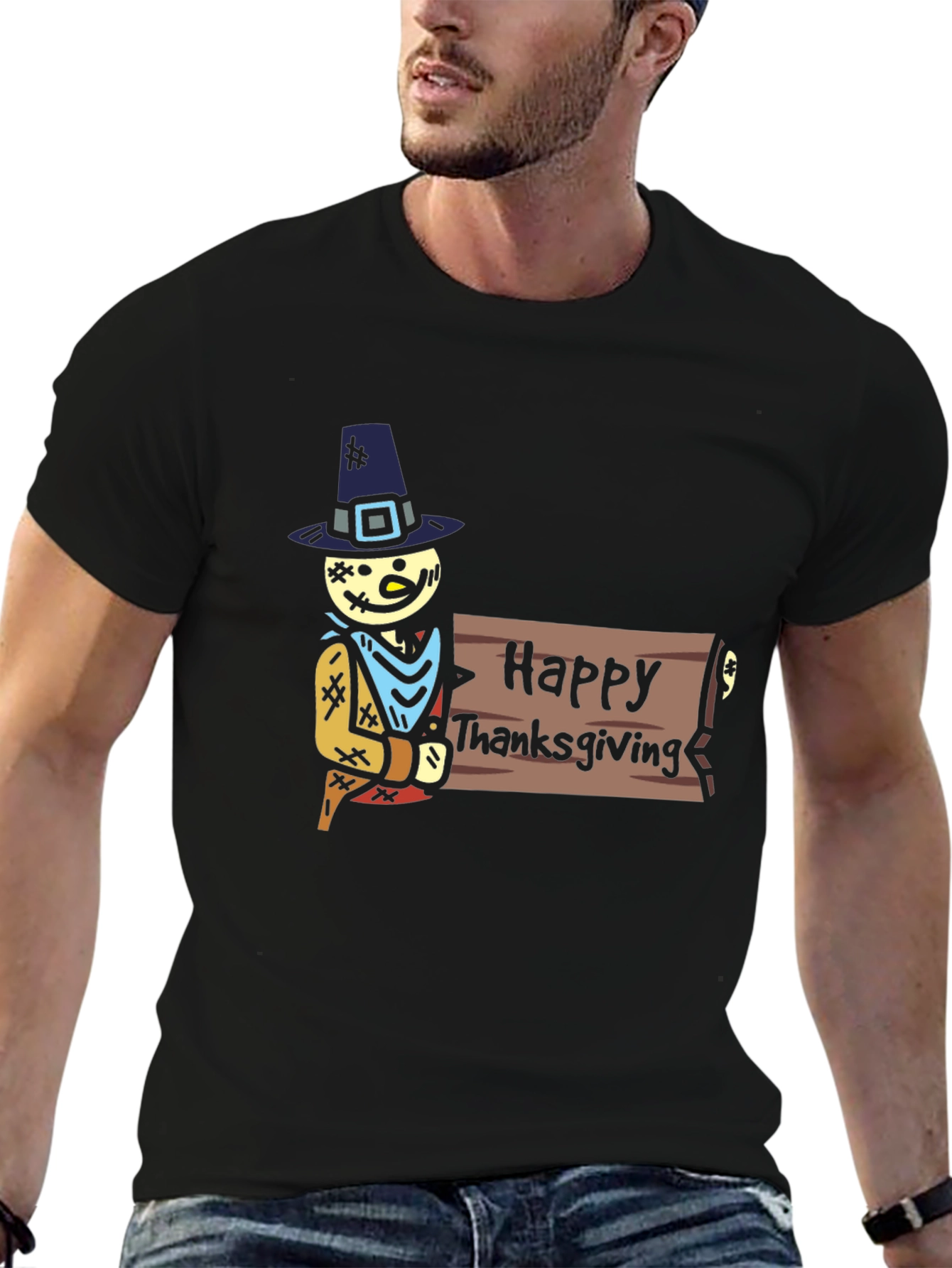 Happy Thanksgiving T-Shirt - Black Cotton Tee