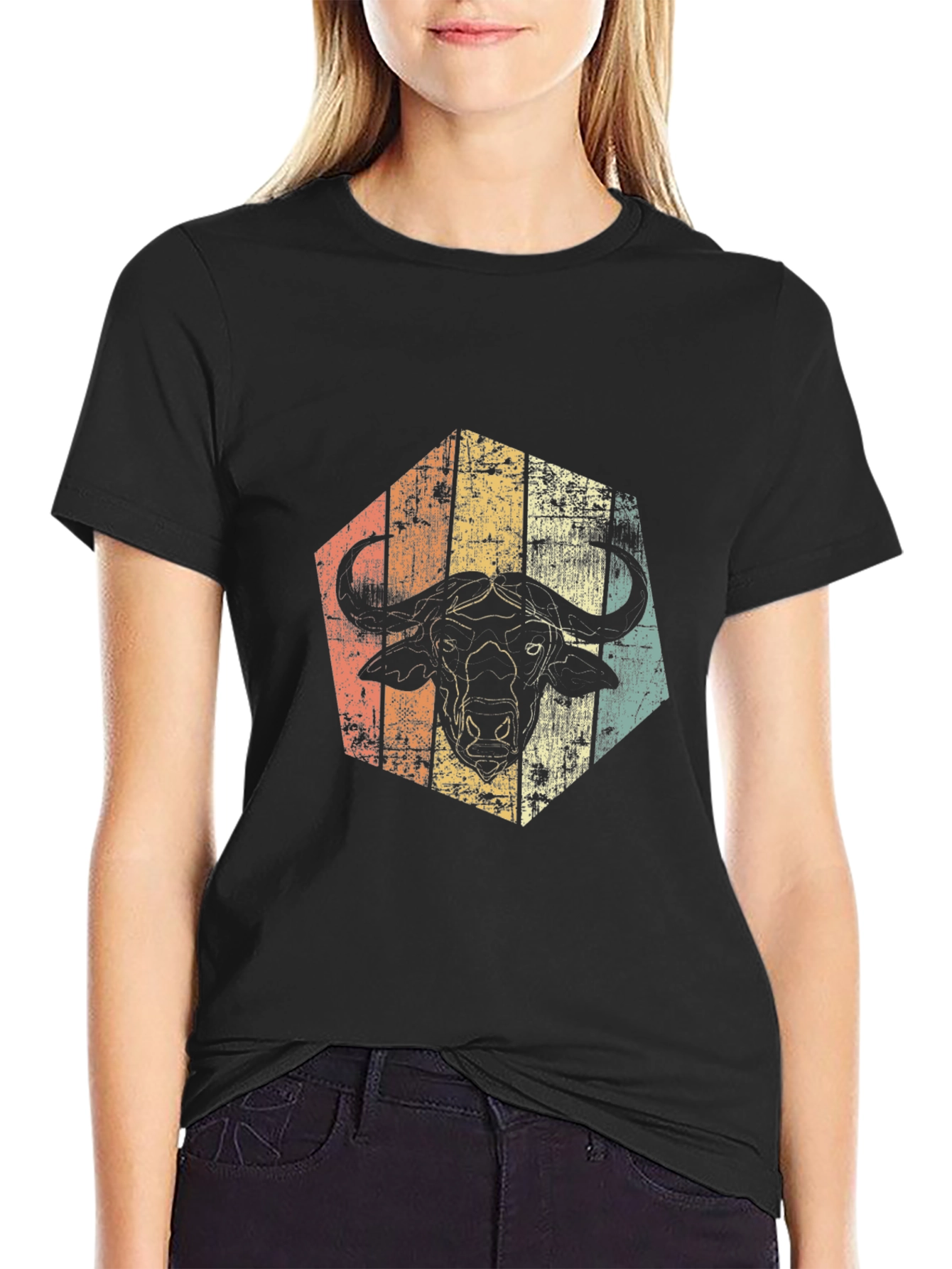 Retro Buffalo Graphic Tee - Distressed Animal Design