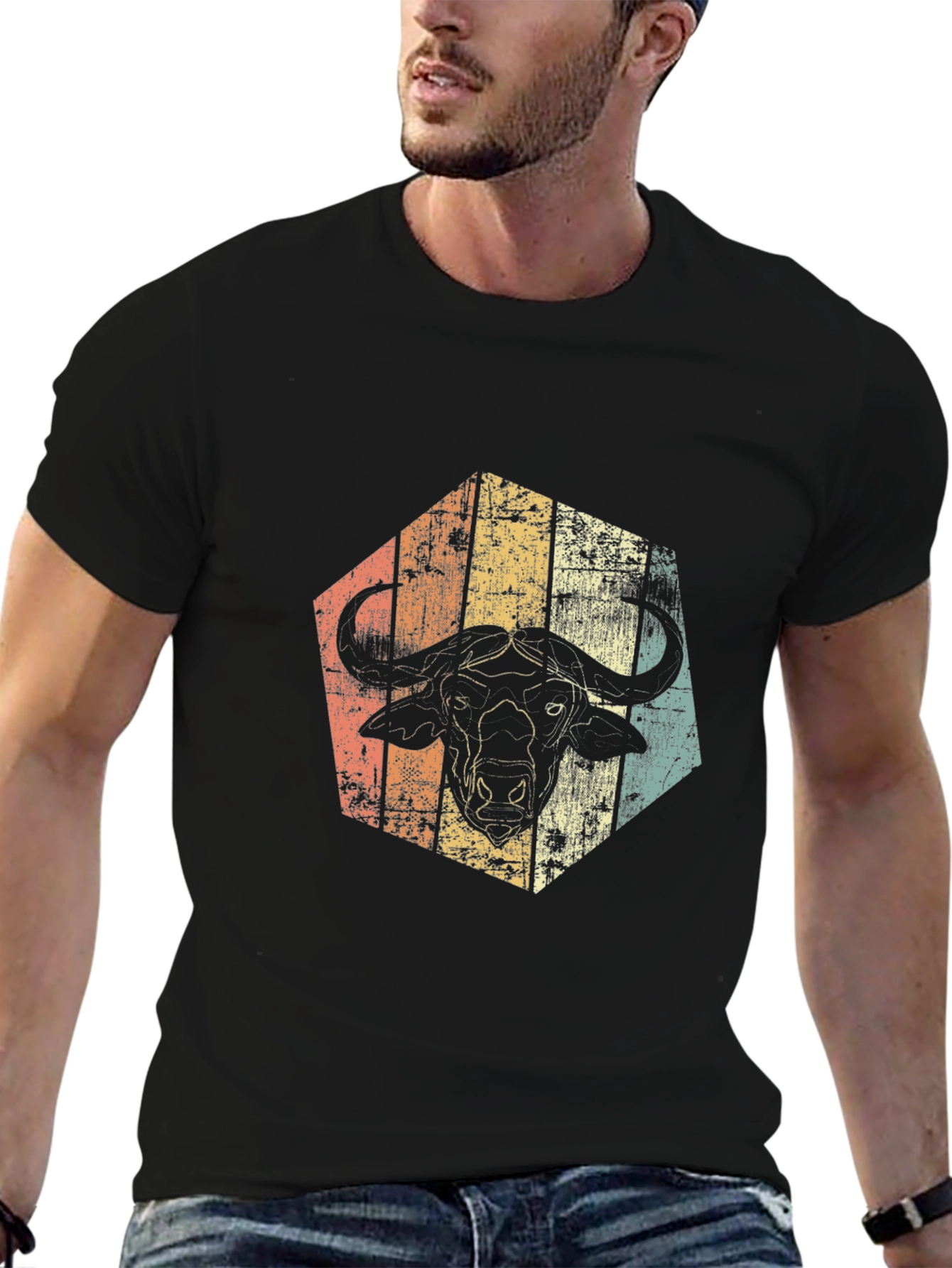 Retro Buffalo Graphic Tee - Distressed Animal Design