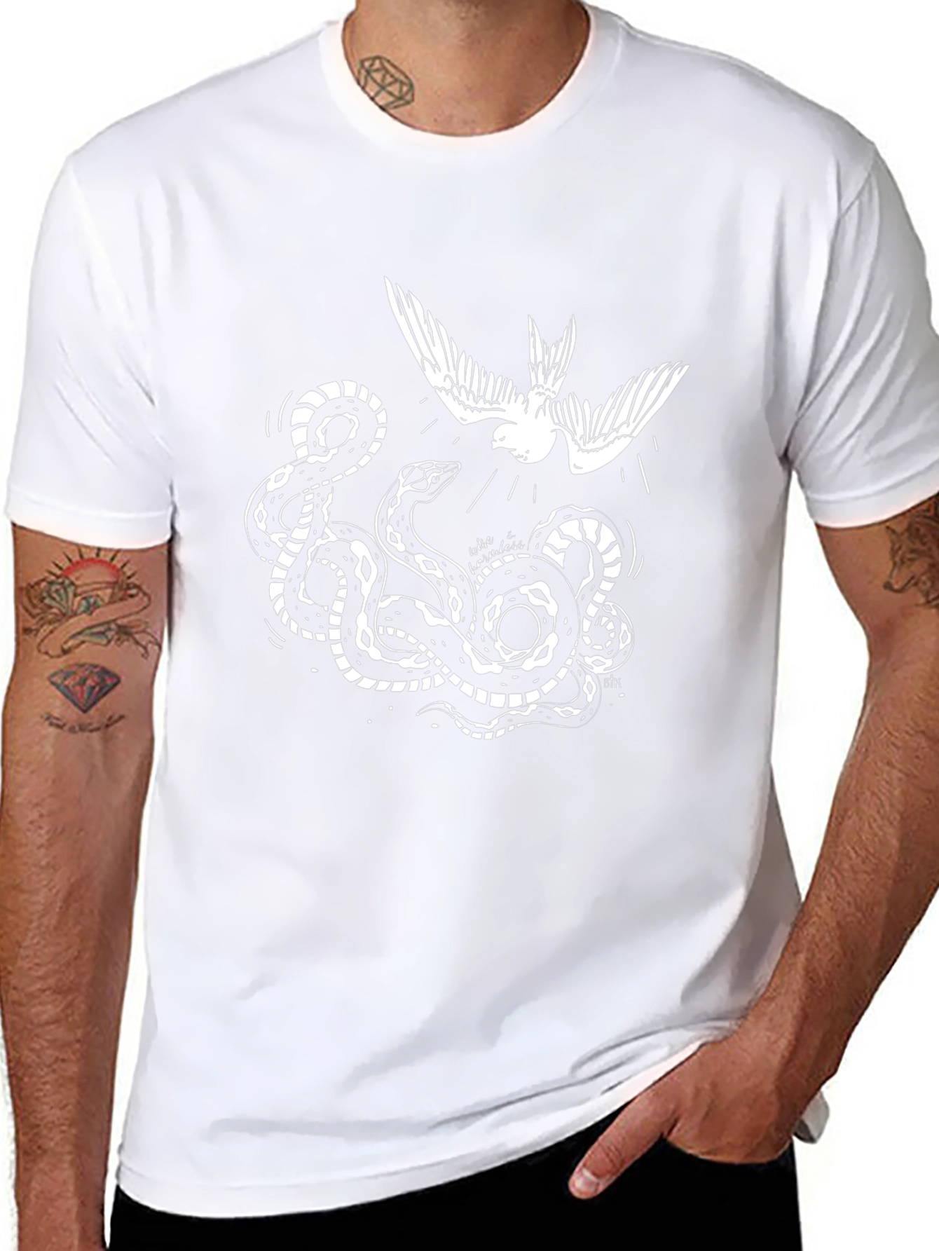 Black Tee with Snake and Bird Graphic