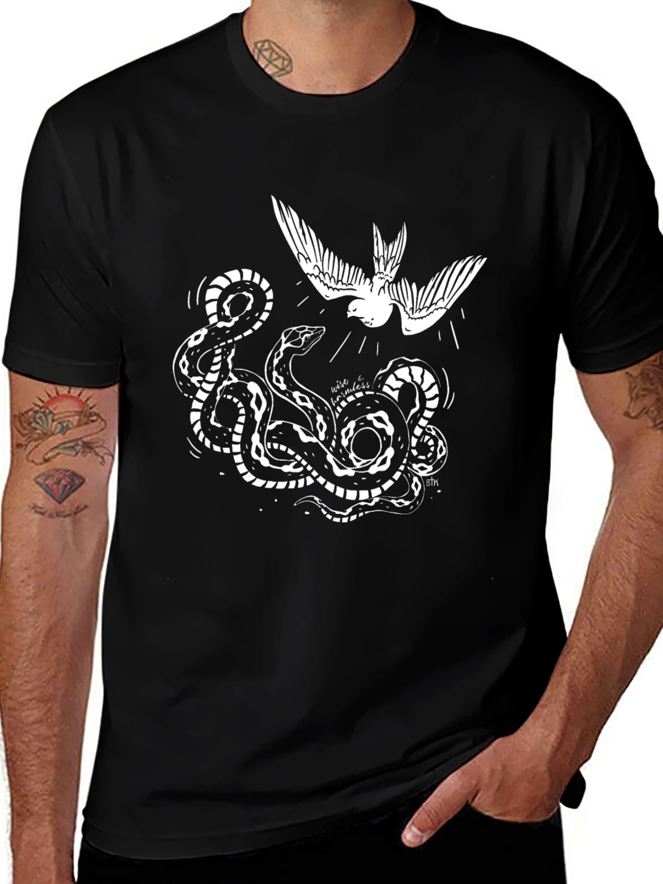 Black Tee with Snake and Bird Graphic