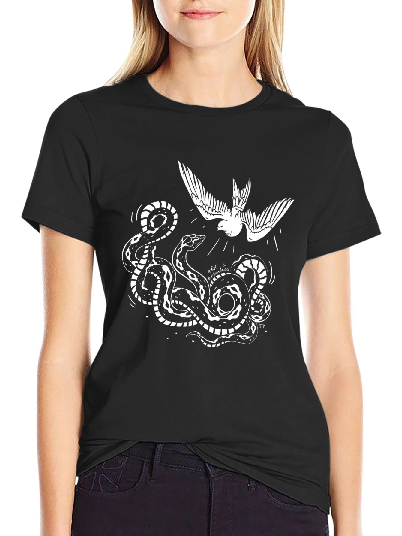 Black Tee with Snake and Bird Graphic