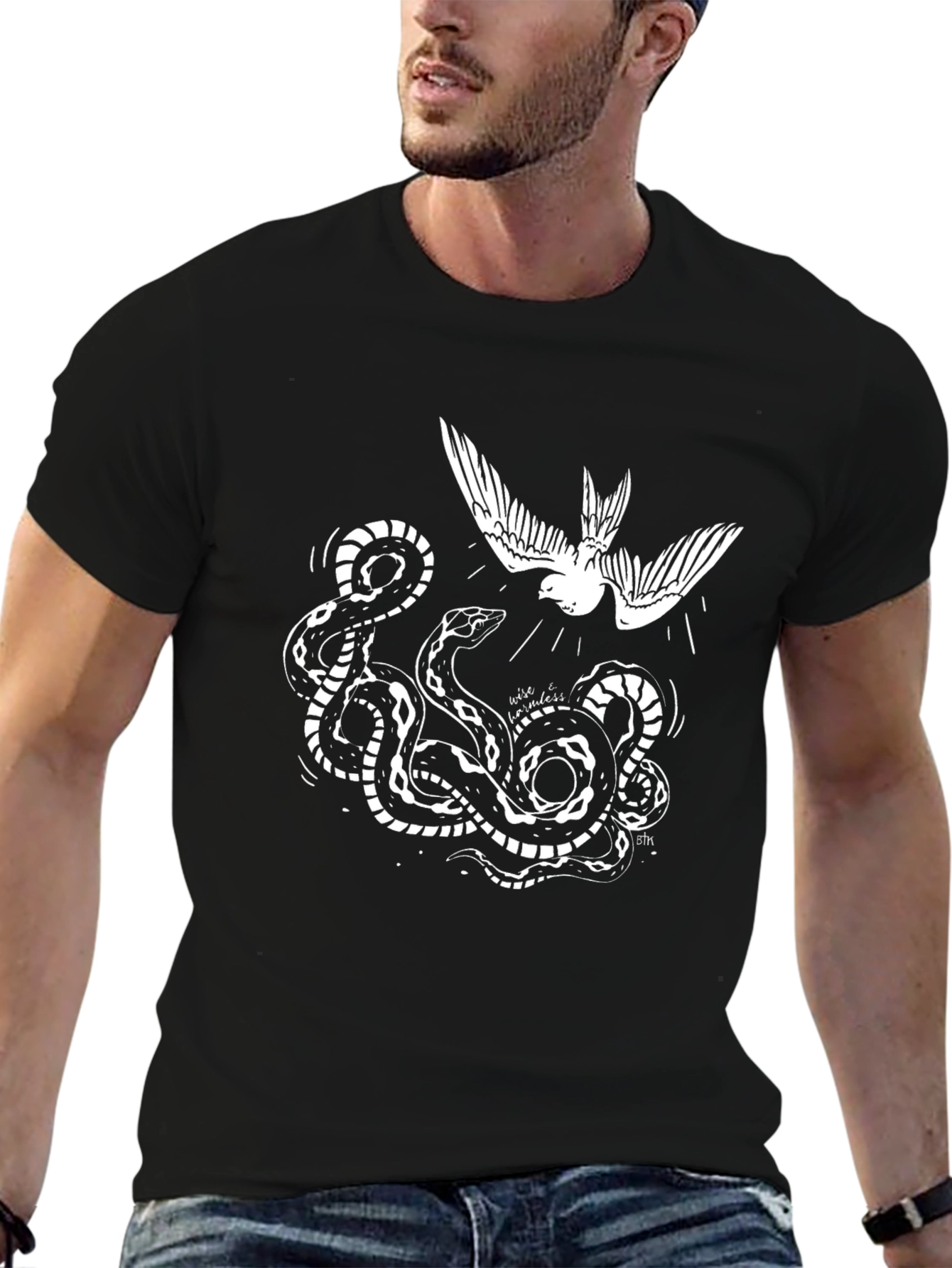 Black Tee with Snake and Bird Graphic