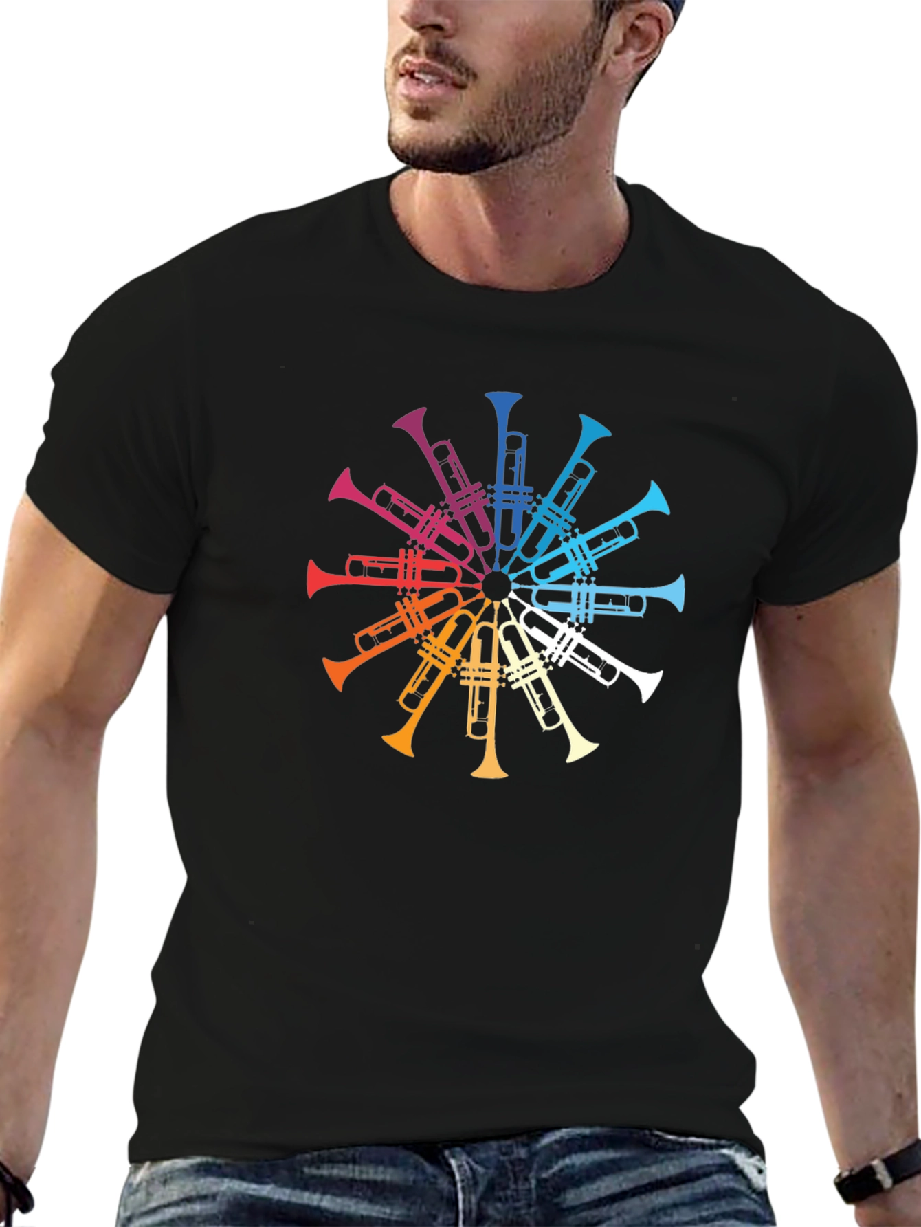 Rainbow Trumpet Circle Graphic Tee - Black T-Shirt