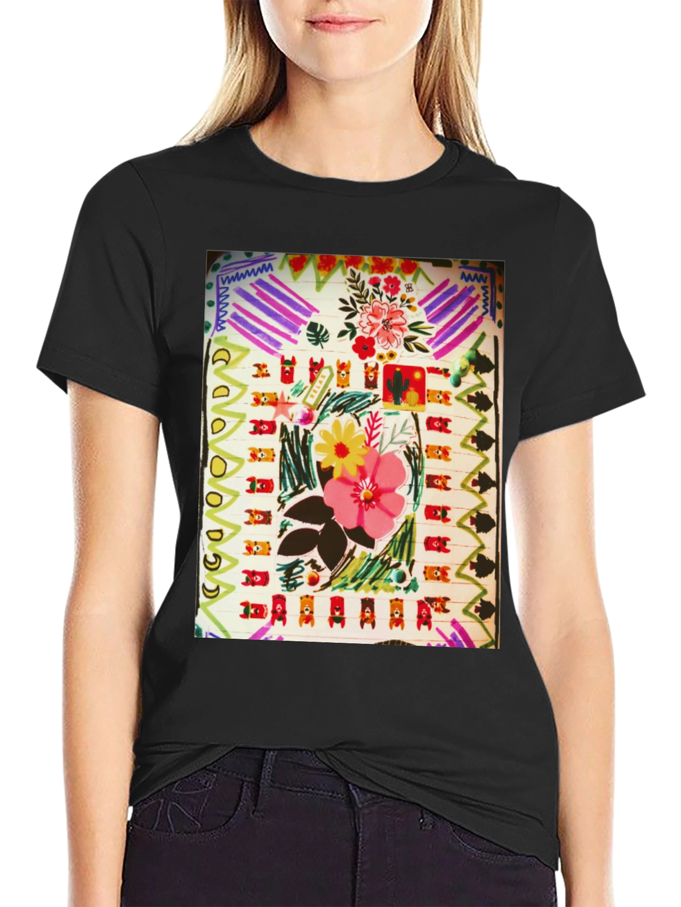 Abstract Floral Graphic Print Black T-Shirt
