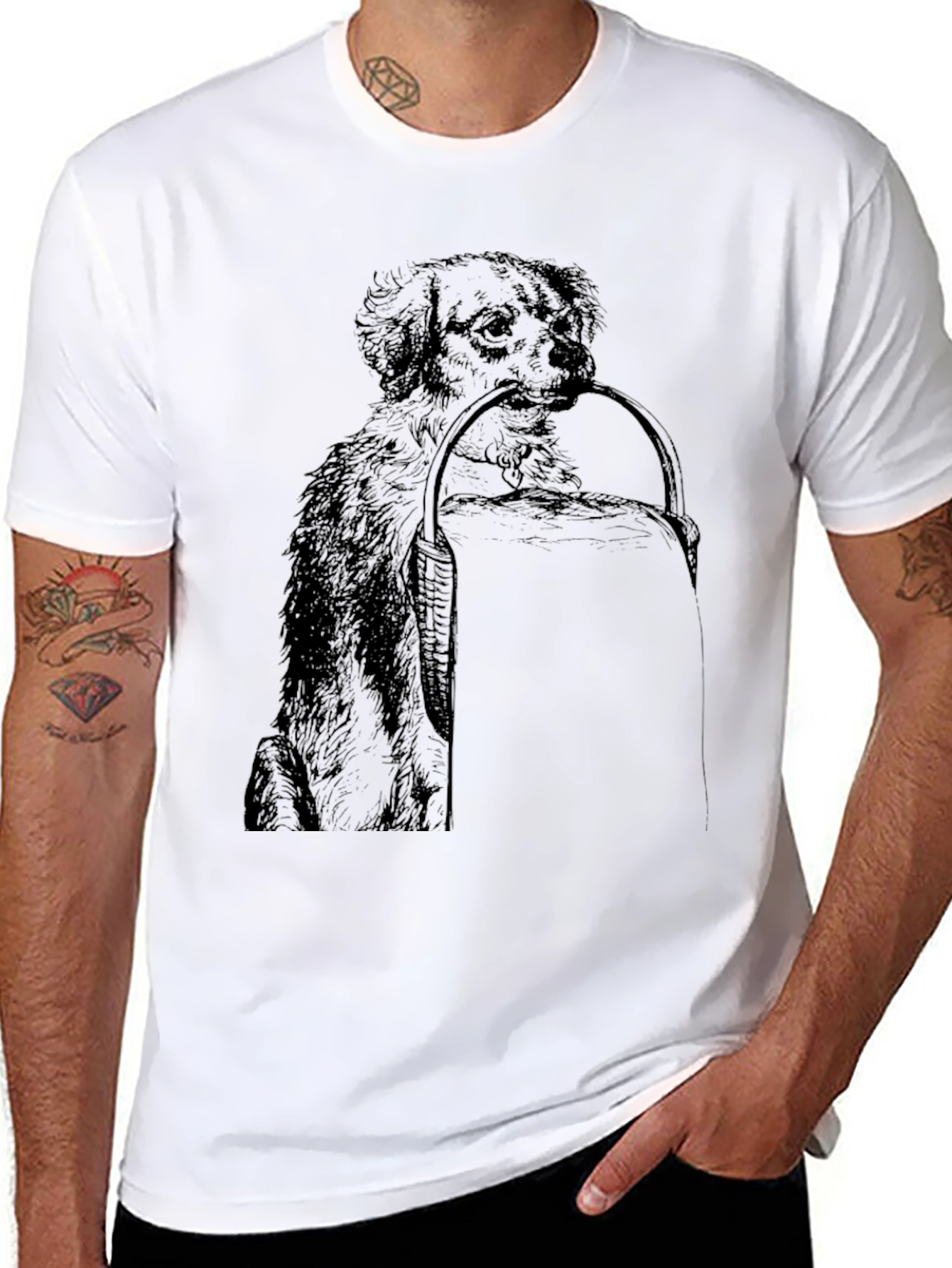 Dog with Basket Graphic Print Black T-Shirt